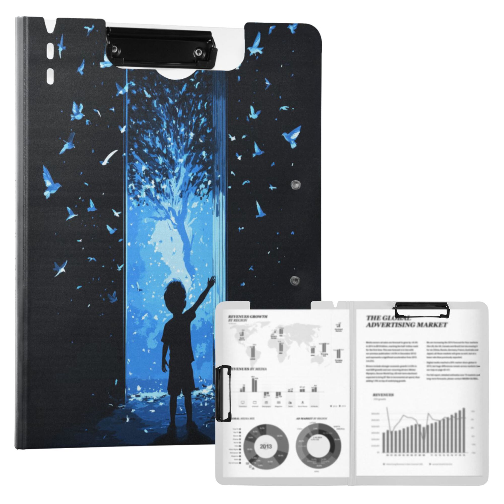 FORMRS A4 Clipboard Folder with Pen Holder Horizontal Foldable School Office Binder, Blue Butterfly