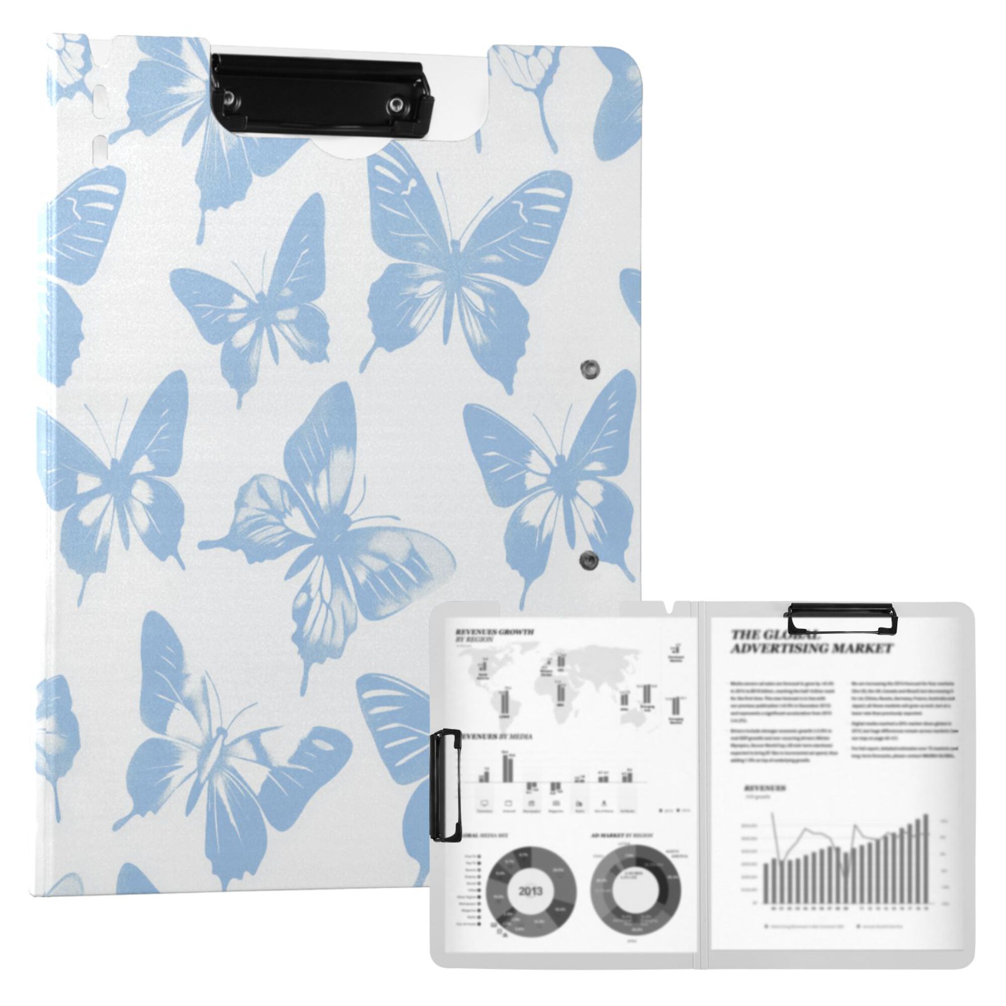 FORMRS A4 Clipboard Folder with Pen Holder Horizontal Foldable School Office Binder, Blue Butterfly