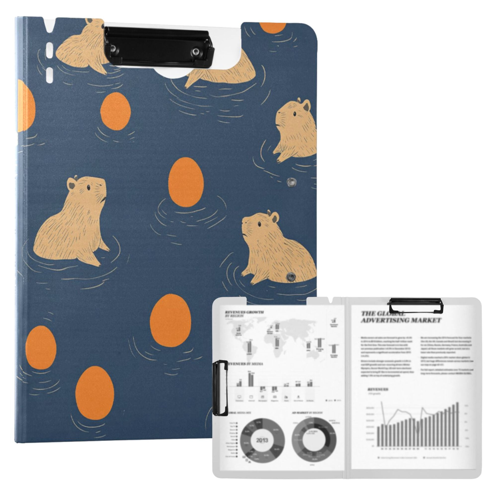 FORMRS A4 Clipboard Folder with Pen Holder Horizontal Foldable School Office Binder, Blue Capybaras