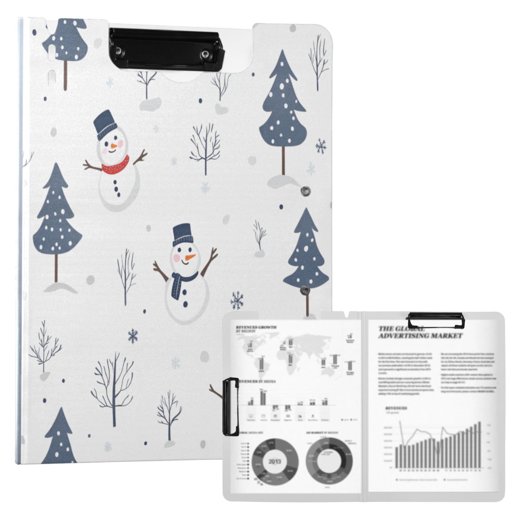 FORMRS A4 Clipboard Folder with Pen Holder Horizontal Foldable School Office Binder, Blue Cartoon Snowmen