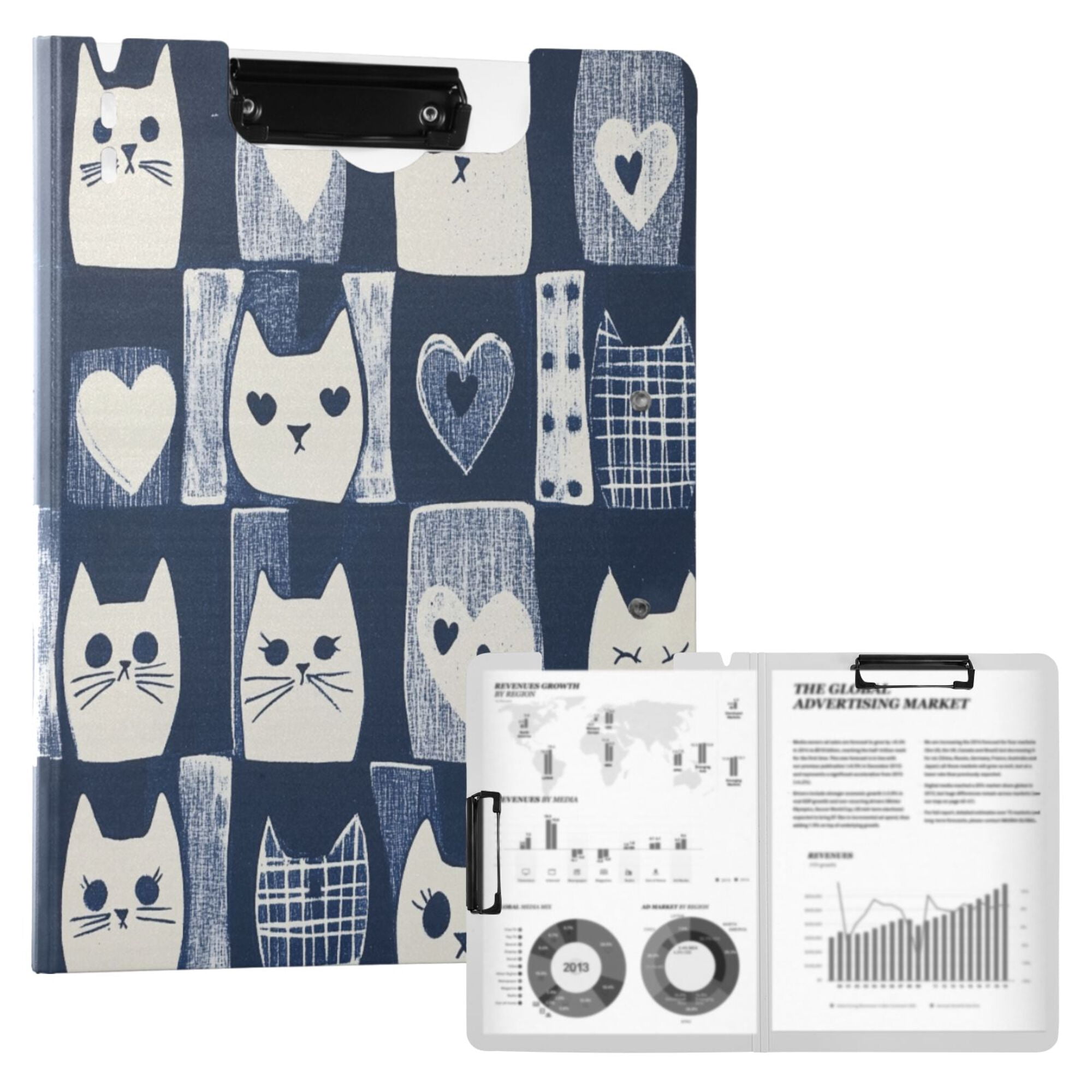 FORMRS A4 Clipboard Folder with Pen Holder Horizontal Foldable School Office Binder, Blue Cats and Hearts