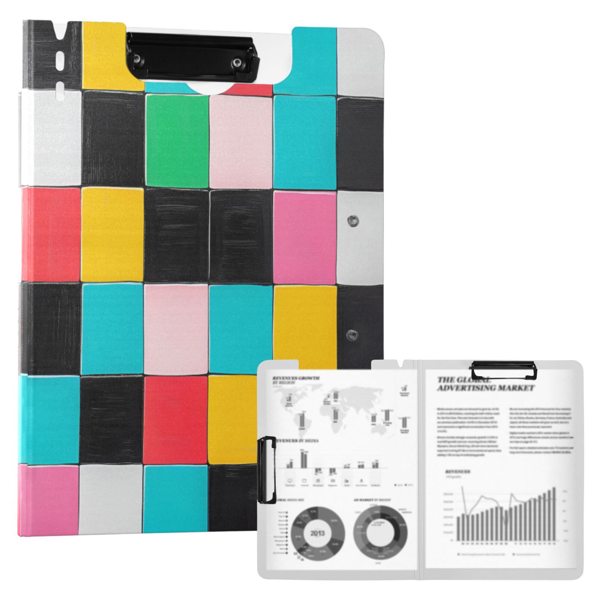 FORMRS A4 Clipboard Folder with Pen Holder Horizontal Foldable School Office Binder, Blue Checkered Pattern