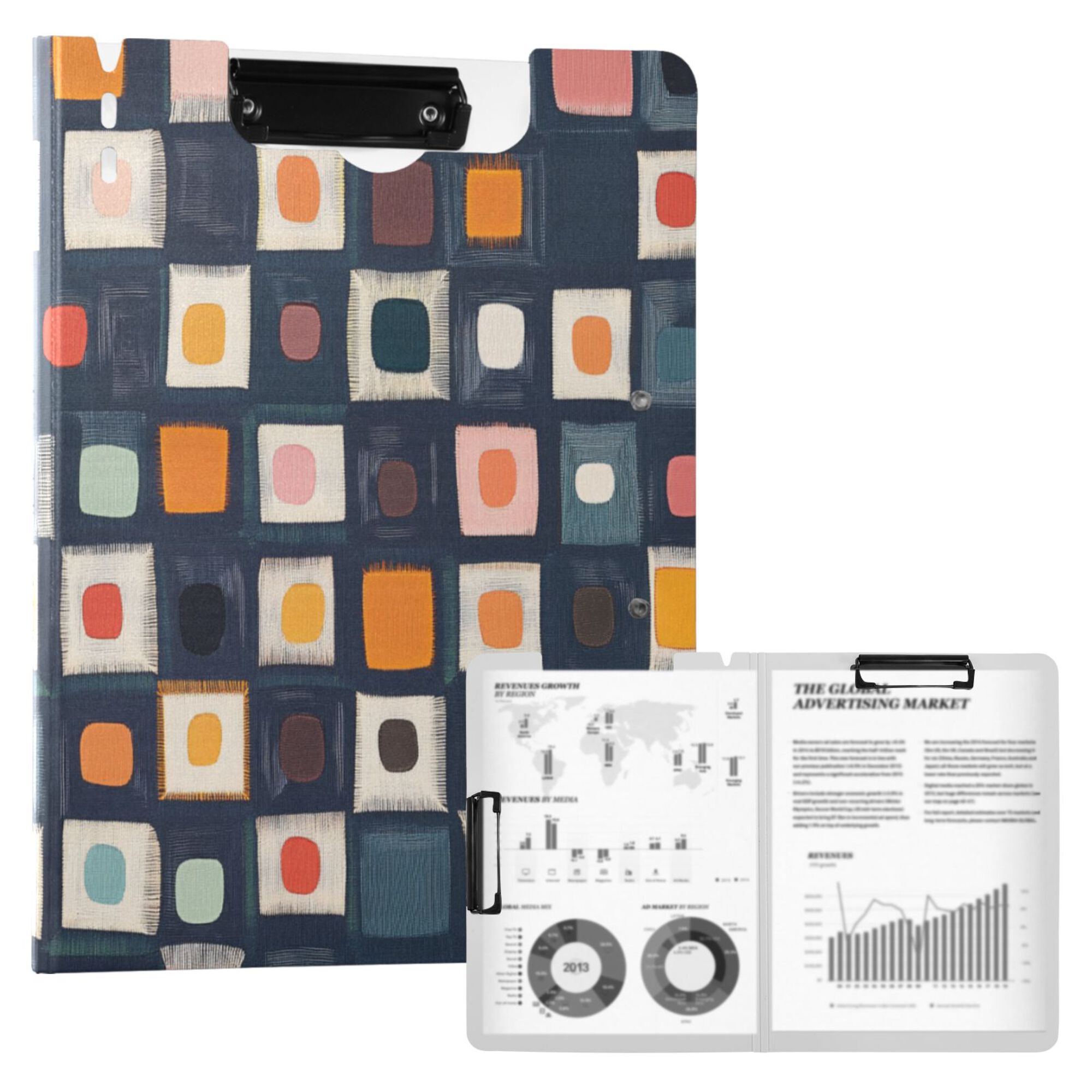 FORMRS A4 Clipboard Folder with Pen Holder Horizontal Foldable School Office Binder, Blue Circle Mosaic