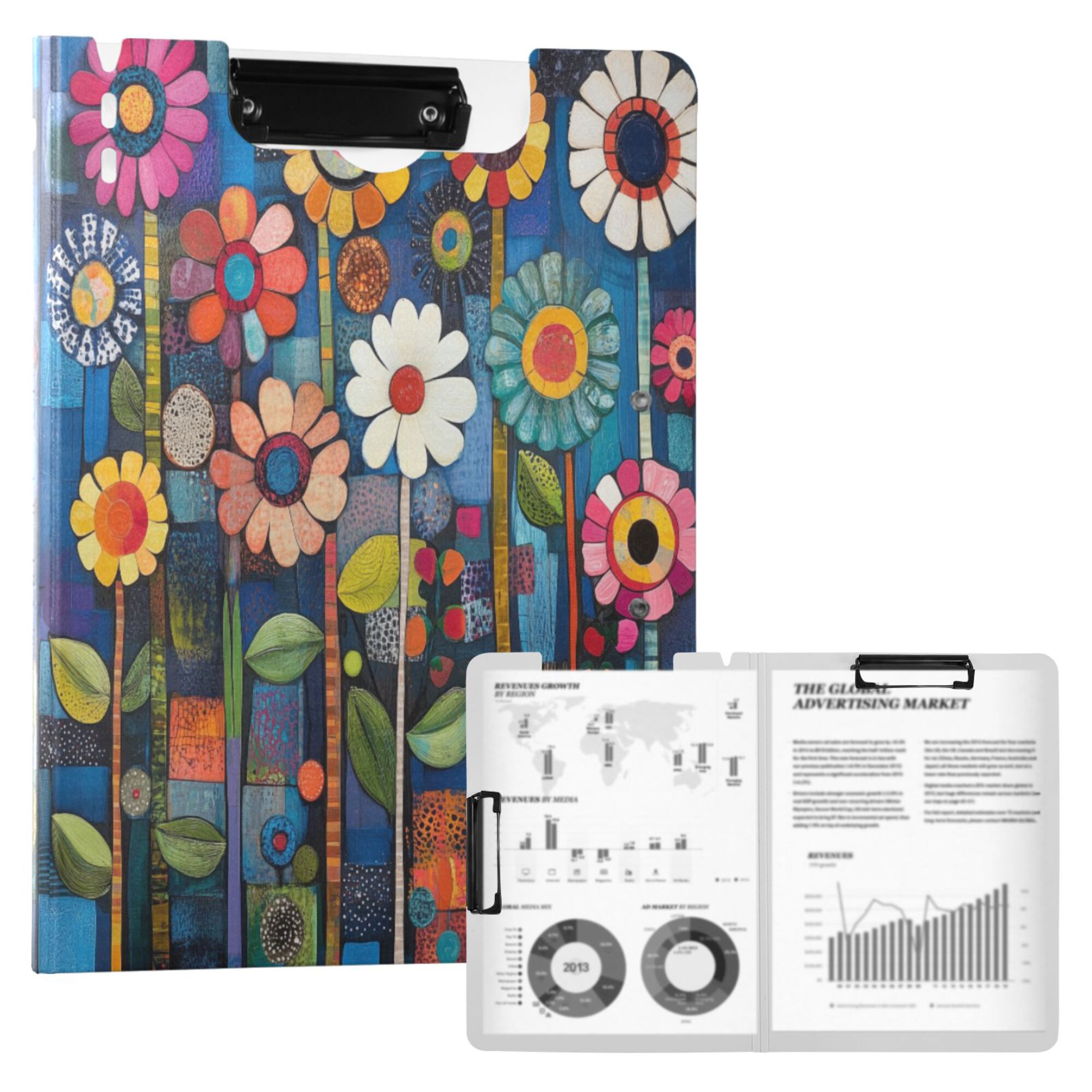 FORMRS A4 Clipboard Folder with Pen Holder Horizontal Foldable School Office Binder, Blue Colorful Flowers