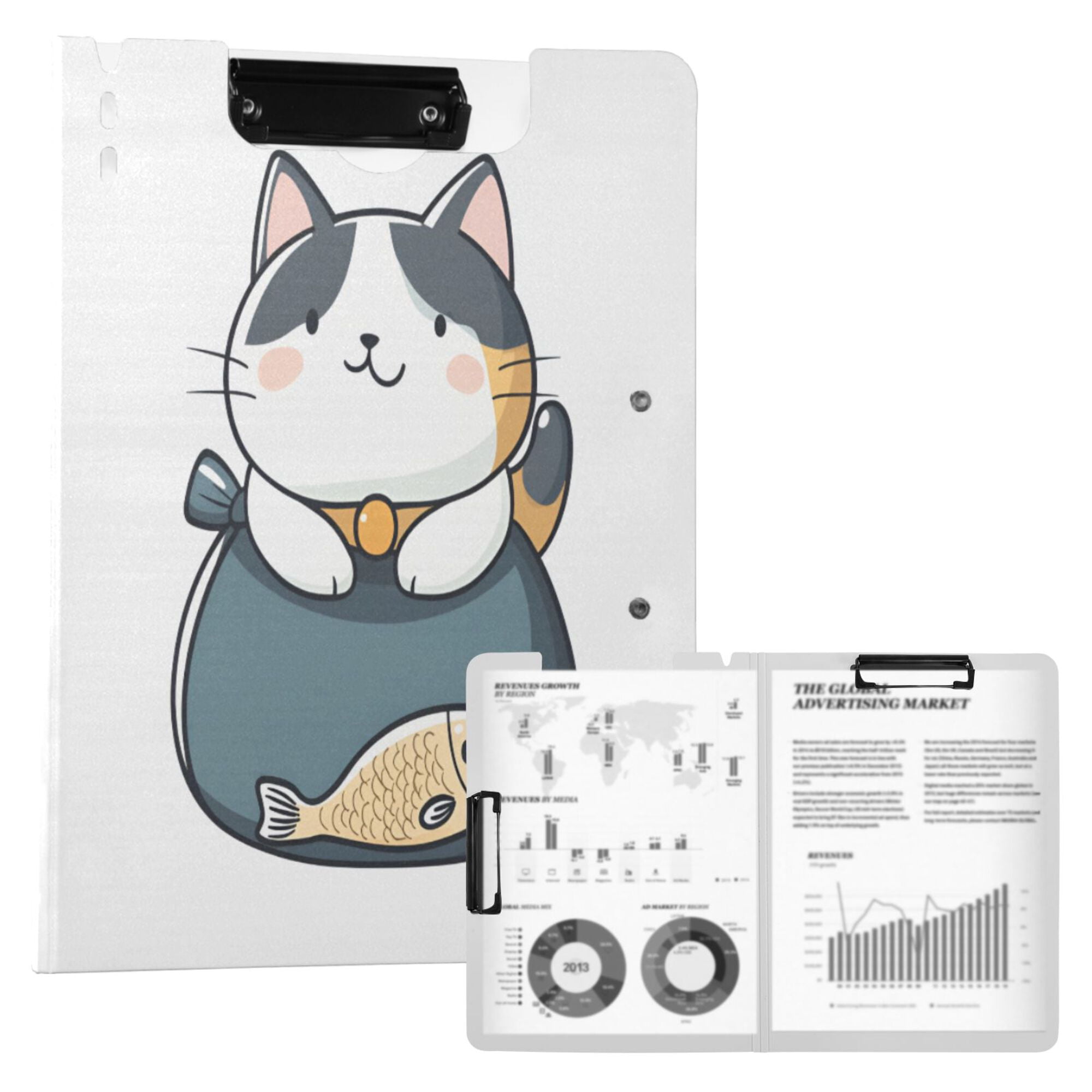 FORMRS A4 Clipboard Folder with Pen Holder Horizontal Foldable School Office Binder, Blue Cute Cat