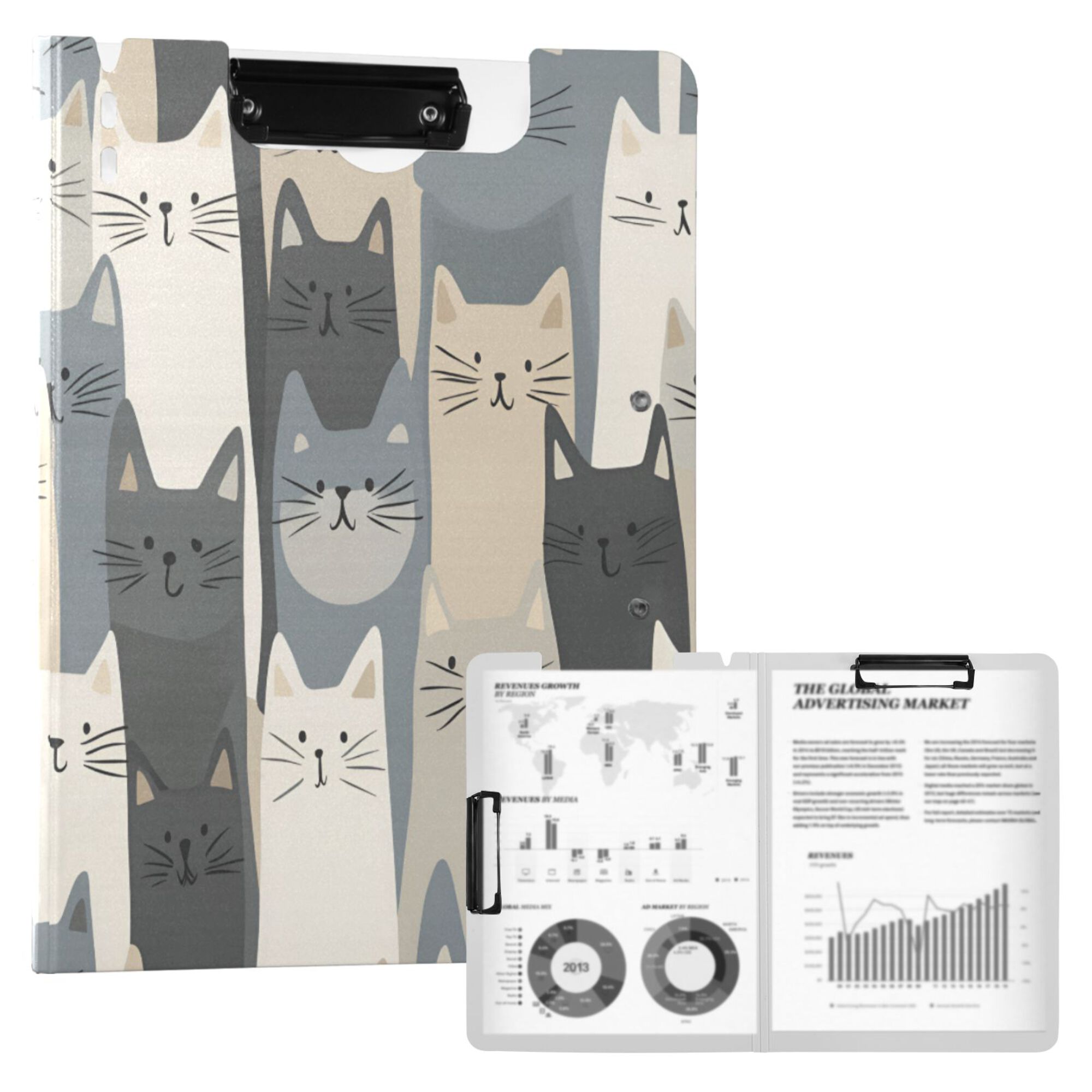 FORMRS A4 Clipboard Folder with Pen Holder Horizontal Foldable School Office Binder, Blue Cute Cats