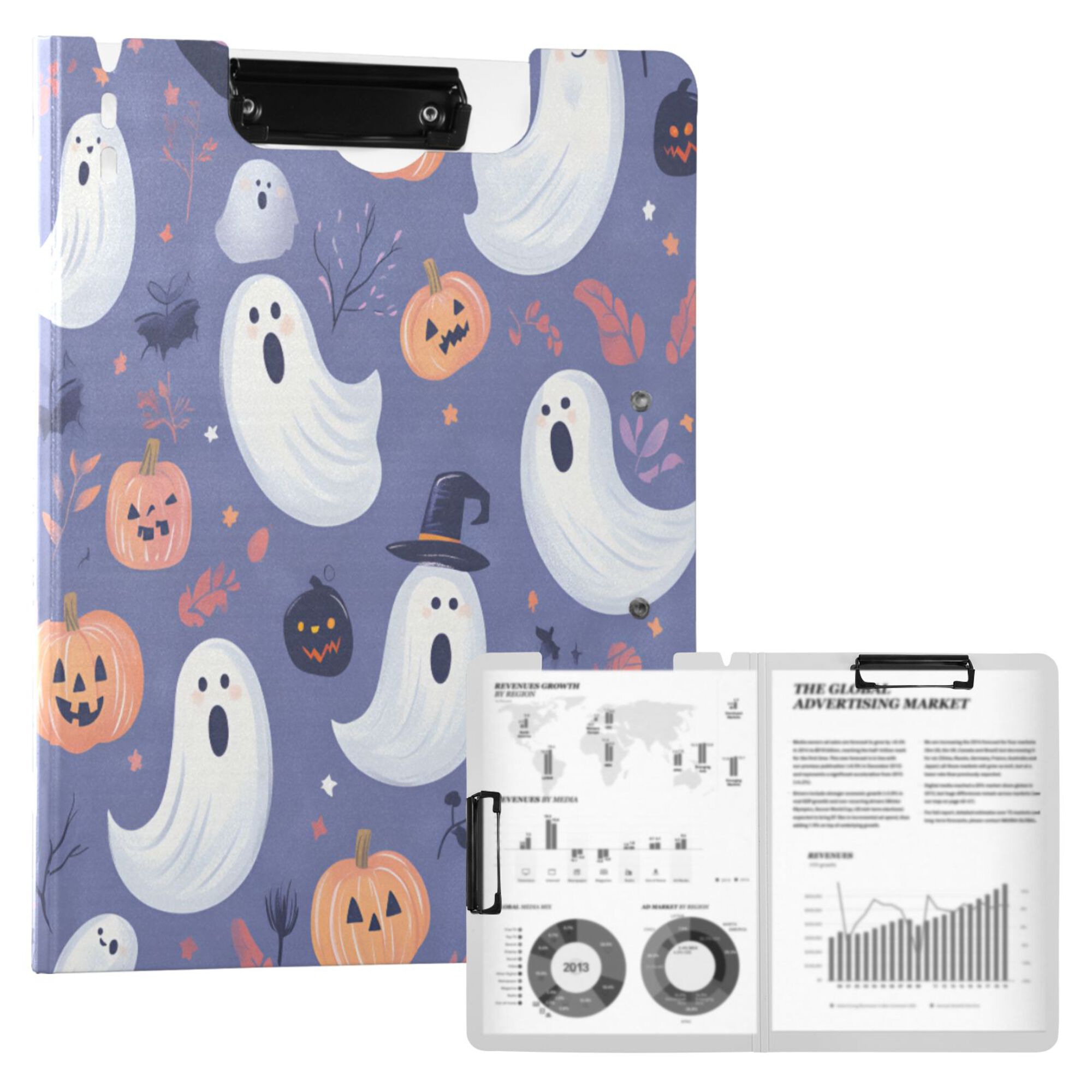 FORMRS A4 Clipboard Folder with Pen Holder Horizontal Foldable School Office Binder, Blue Cute Halloween