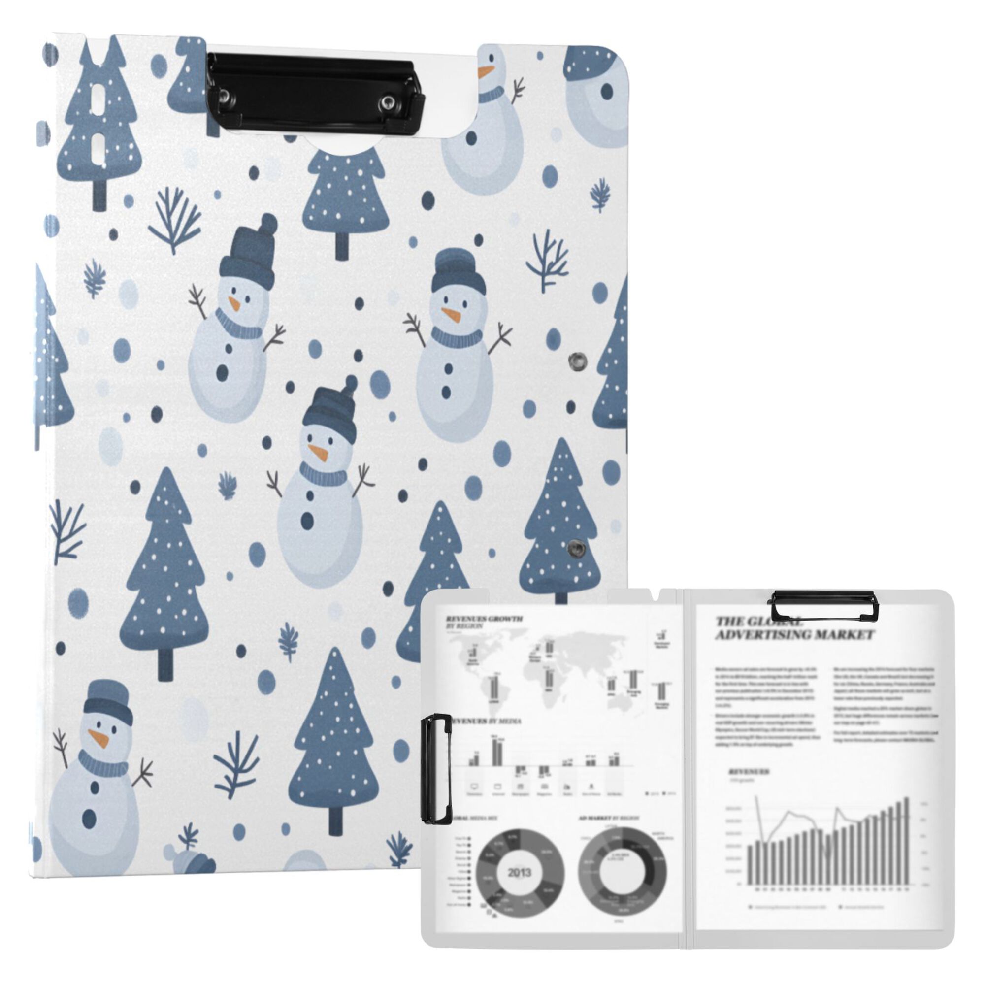 FORMRS A4 Clipboard Folder with Pen Holder Horizontal Foldable School Office Binder, Blue Cute Snowmen