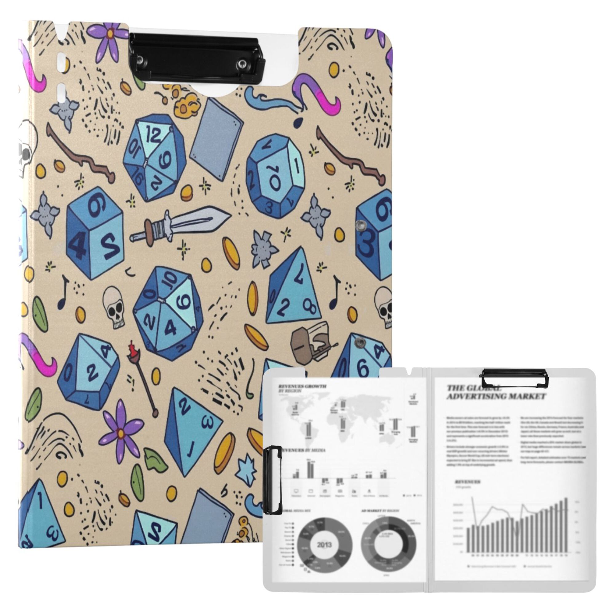 FORMRS A4 Clipboard Folder with Pen Holder Horizontal Foldable School Office Binder, Blue Dice Pattern