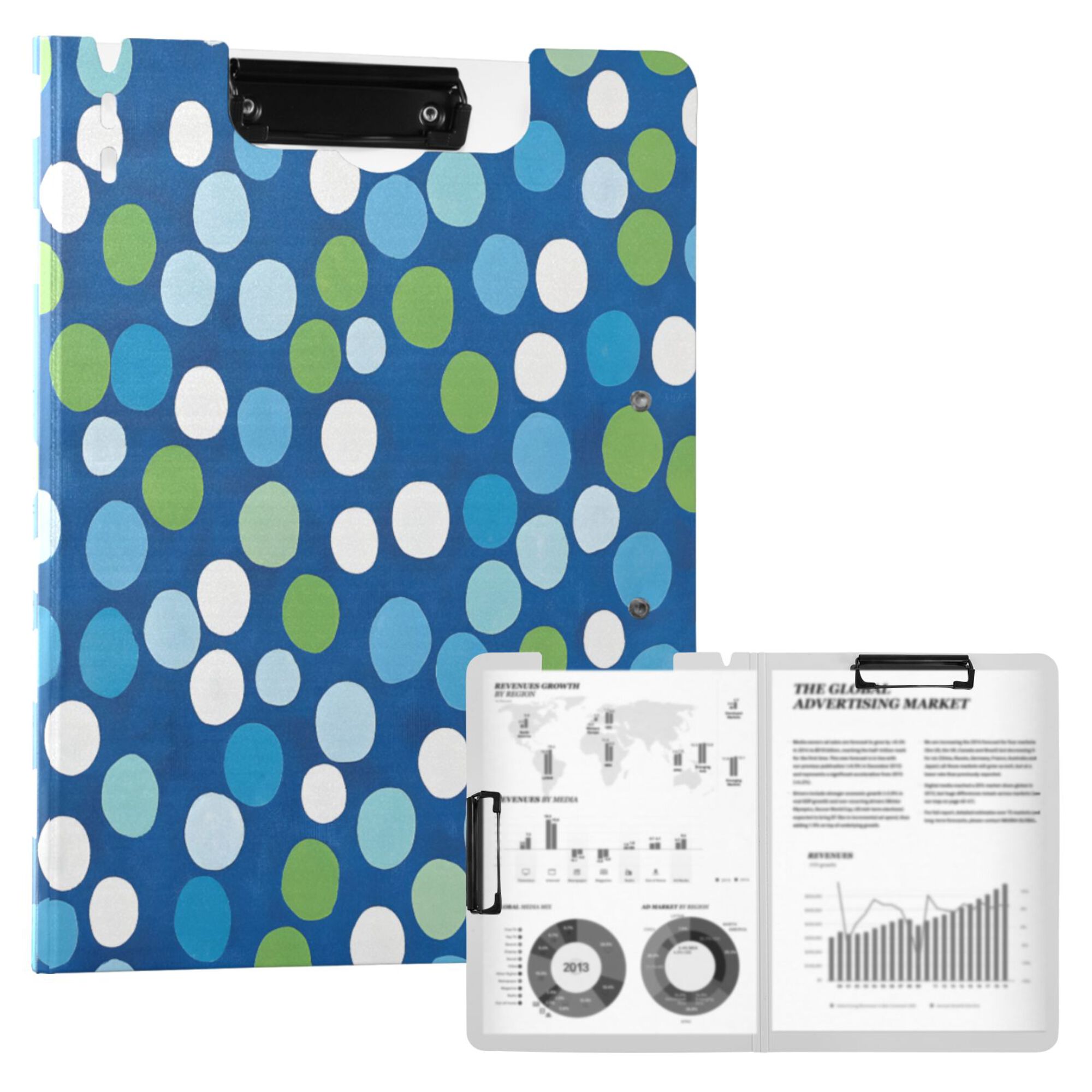FORMRS A4 Clipboard Folder with Pen Holder Horizontal Foldable School Office Binder, Blue Dots