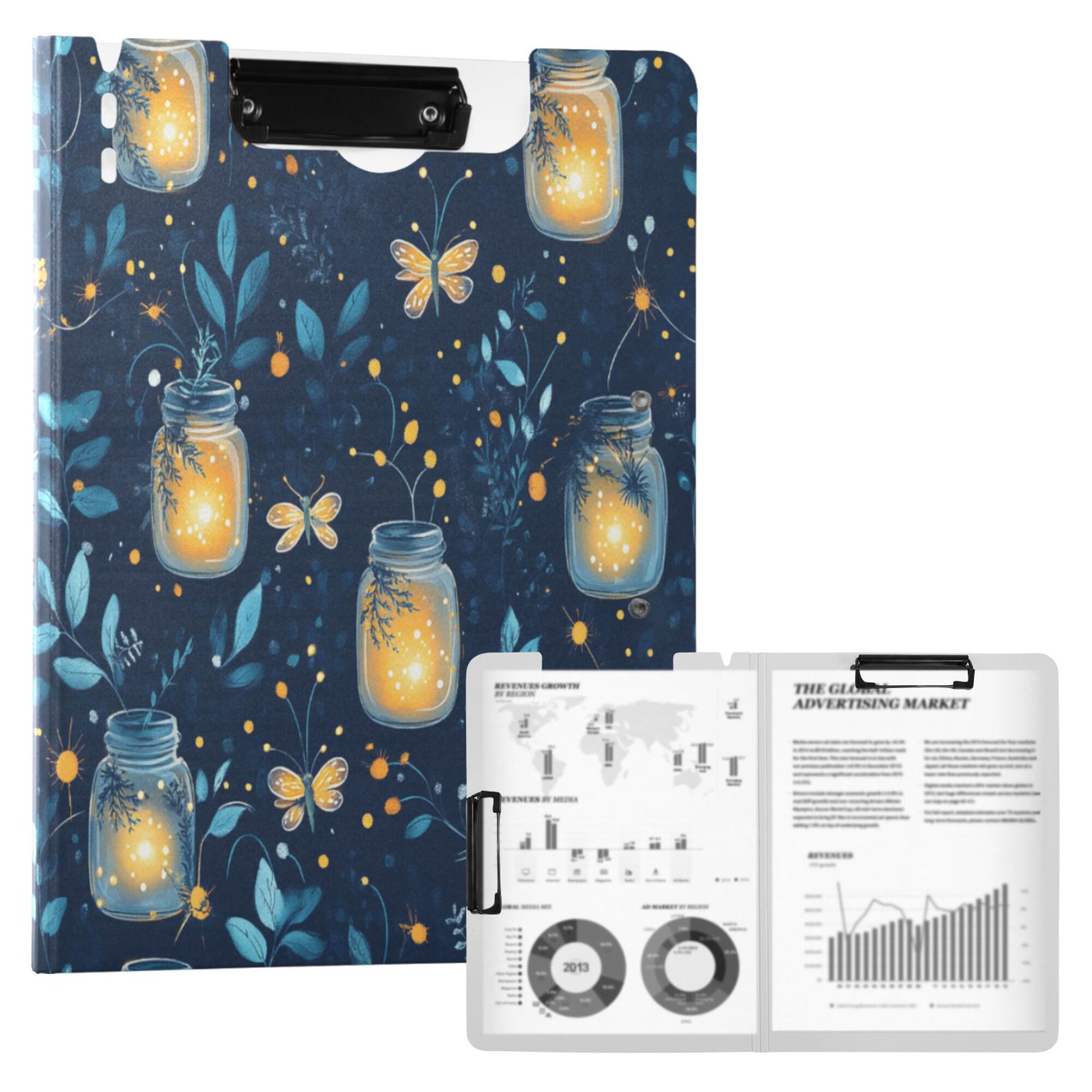 FORMRS A4 Clipboard Folder with Pen Holder Horizontal Foldable School Office Binder, Blue Fireflies Pattern
