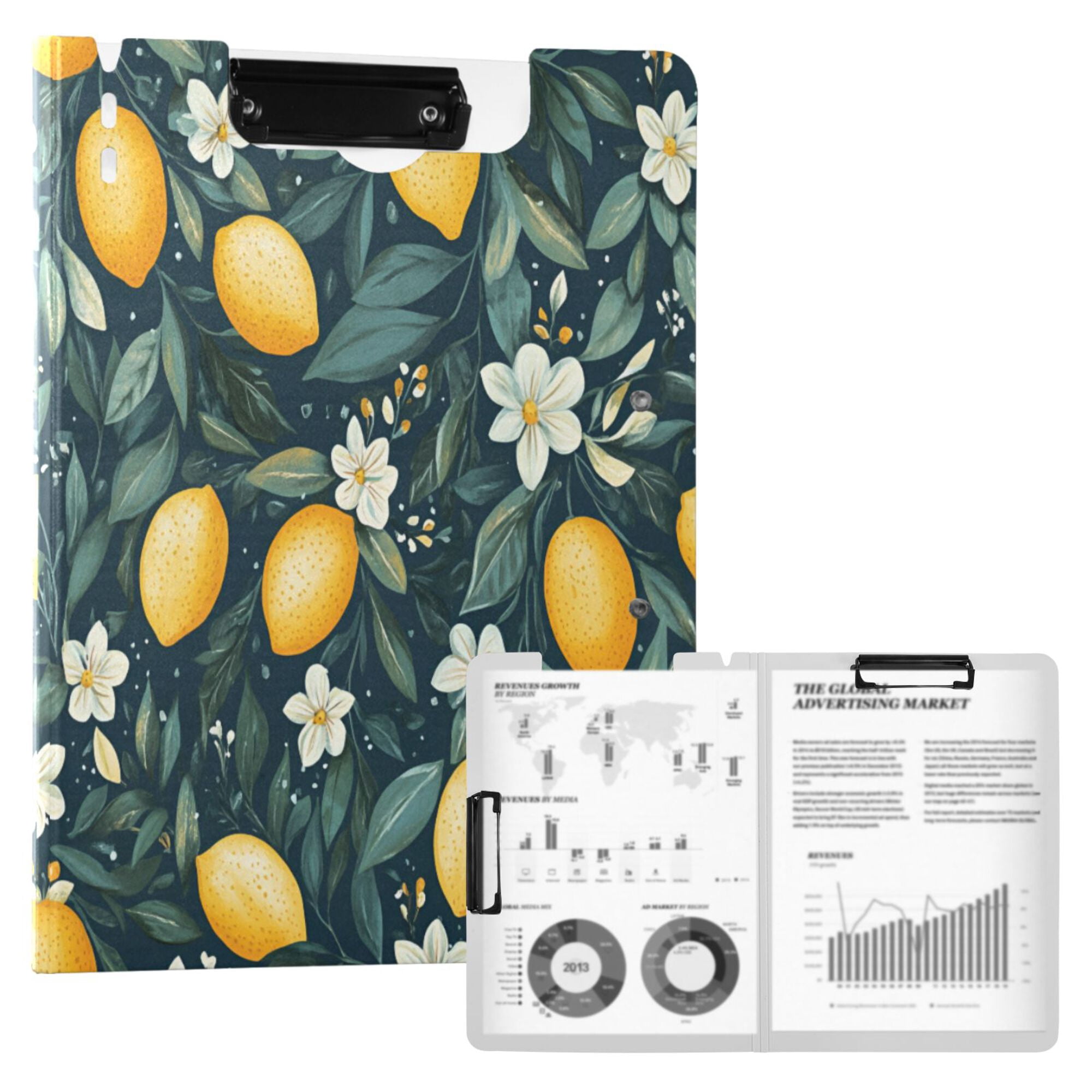 FORMRS A4 Clipboard Folder with Pen Holder Horizontal Foldable School Office Binder, Blue Floral Lemons