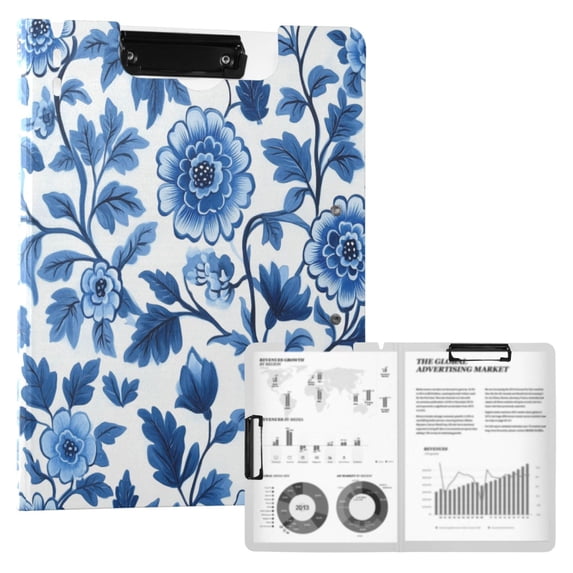 FORMRS A4 Clipboard Folder with Pen Holder Horizontal Foldable School Office Binder, Blue Floral Pattern