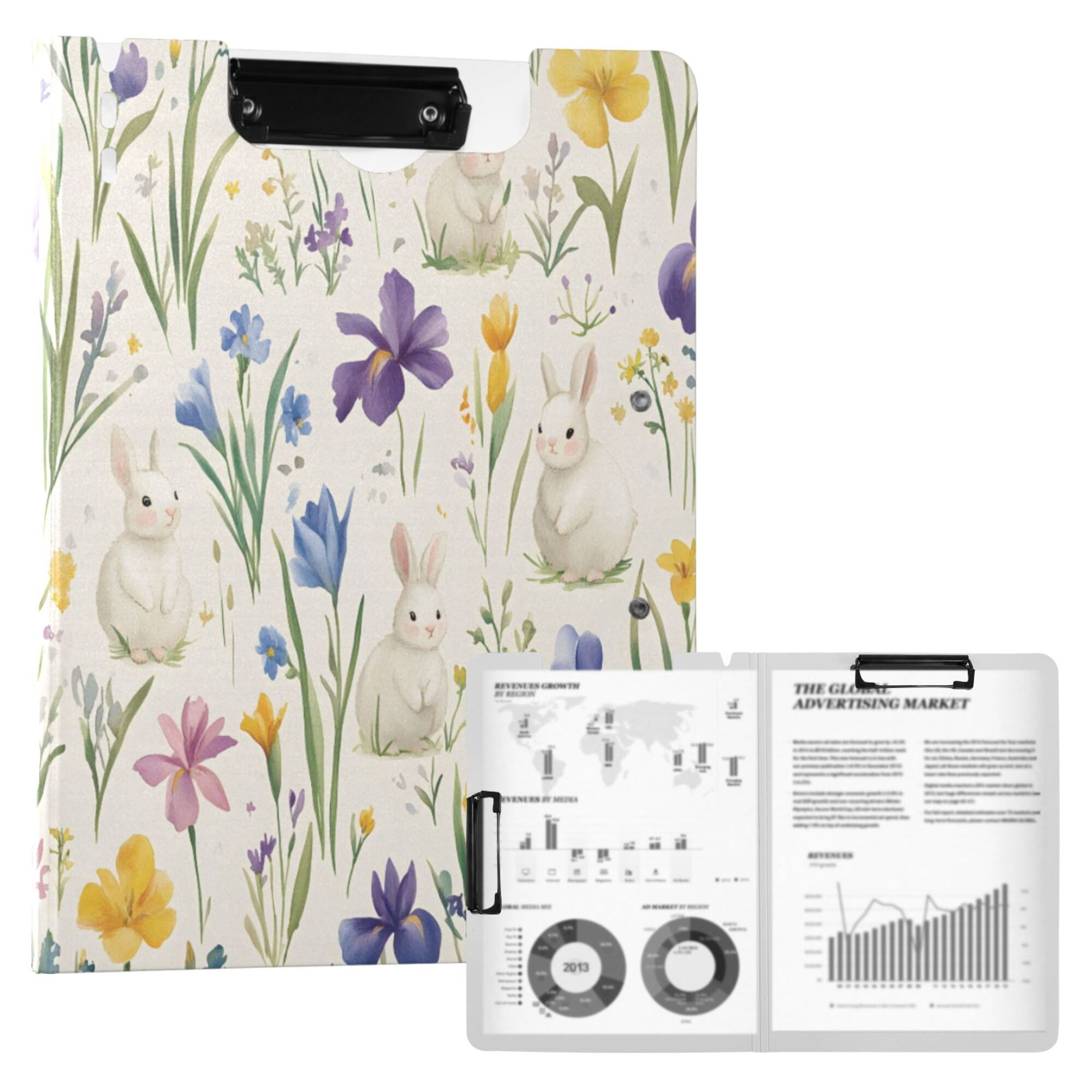 FORMRS A4 Clipboard Folder with Pen Holder Horizontal Foldable School Office Binder, Blue Floral Rabbit