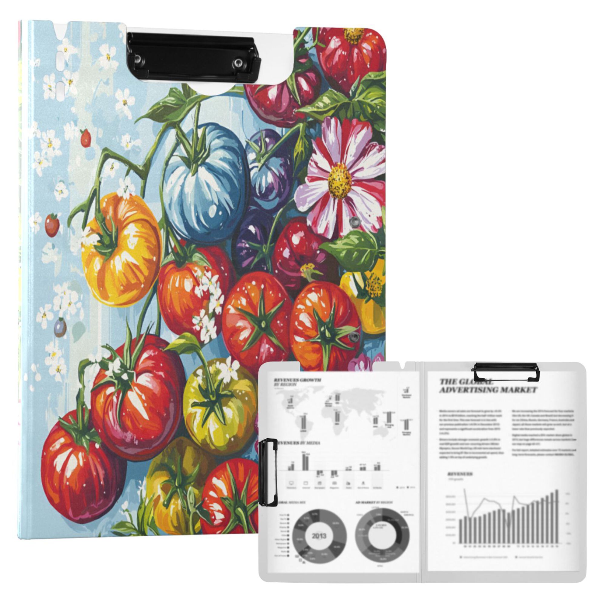FORMRS A4 Clipboard Folder with Pen Holder Horizontal Foldable School Office Binder, Blue Floral Tomatoes