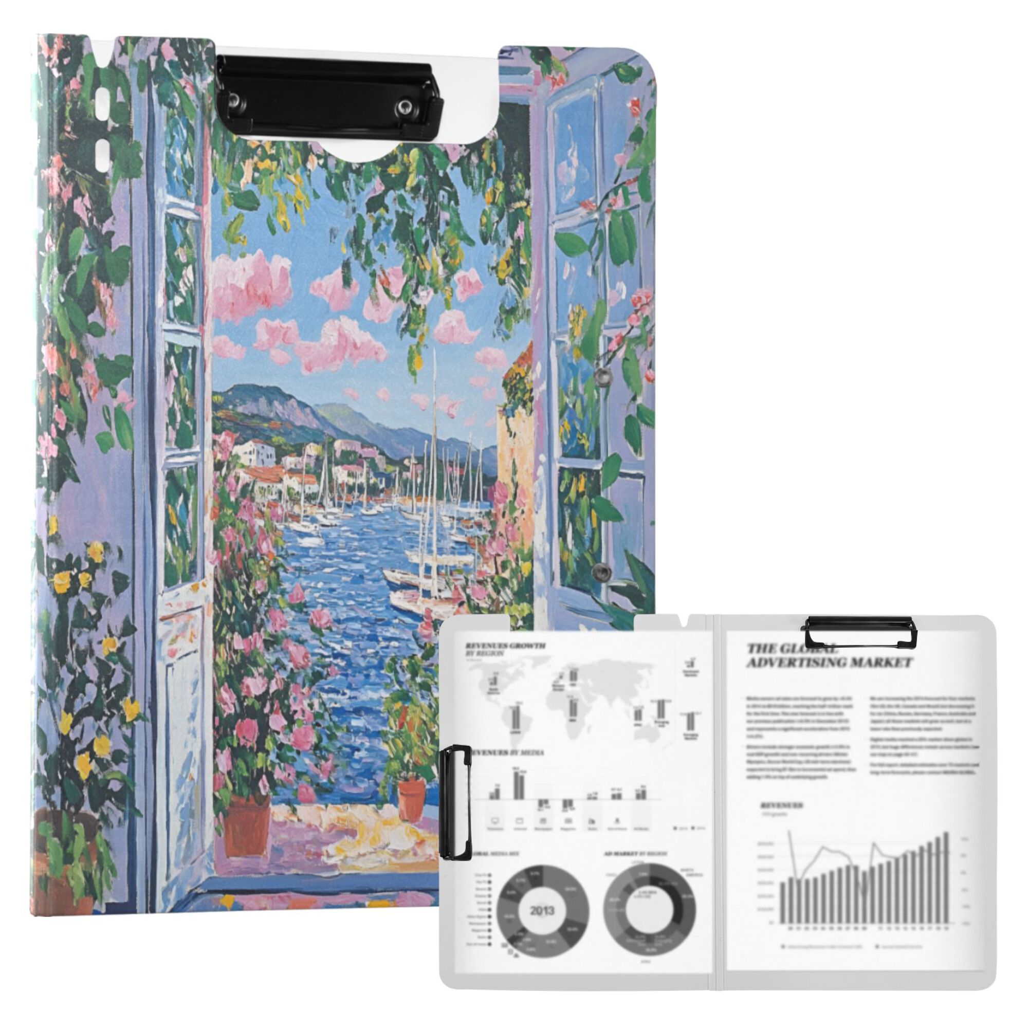 FORMRS A4 Clipboard Folder with Pen Holder Horizontal Foldable School Office Binder, Blue Floral Window