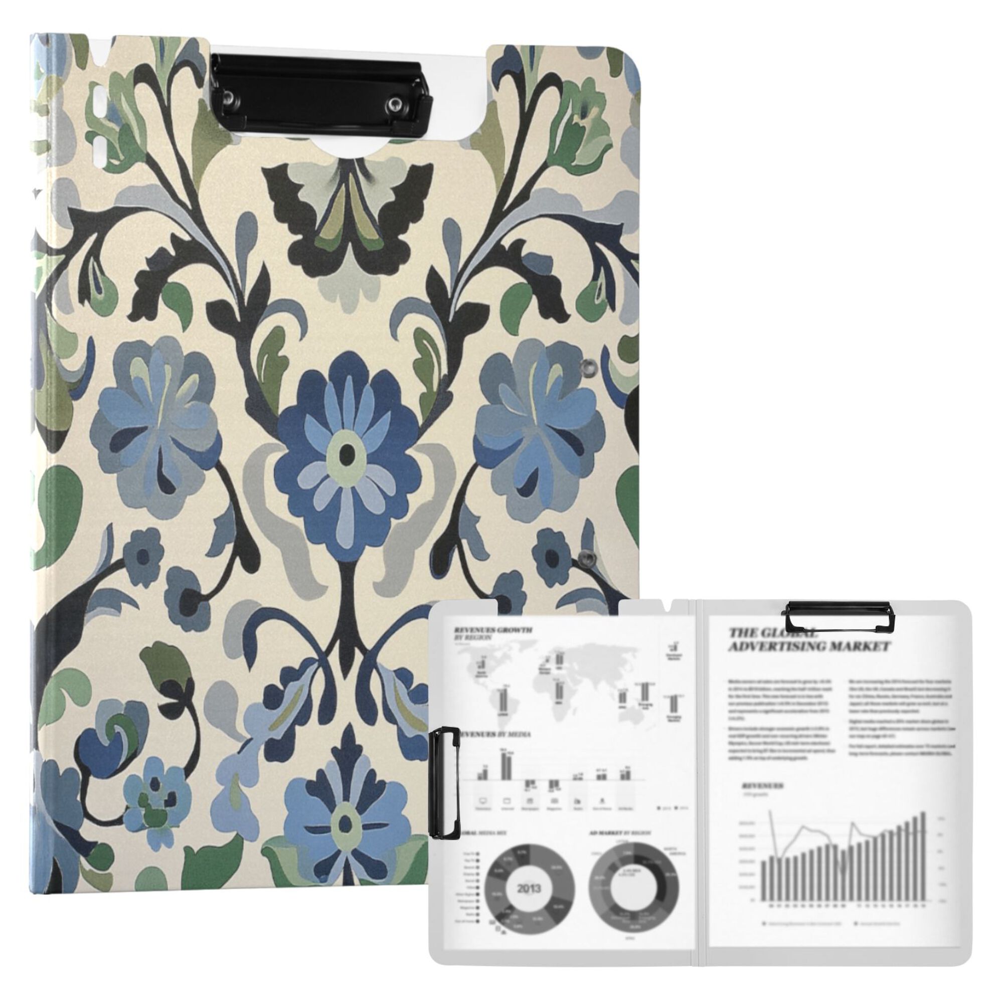 FORMRS A4 Clipboard Folder with Pen Holder Horizontal Foldable School Office Binder, Blue Floral