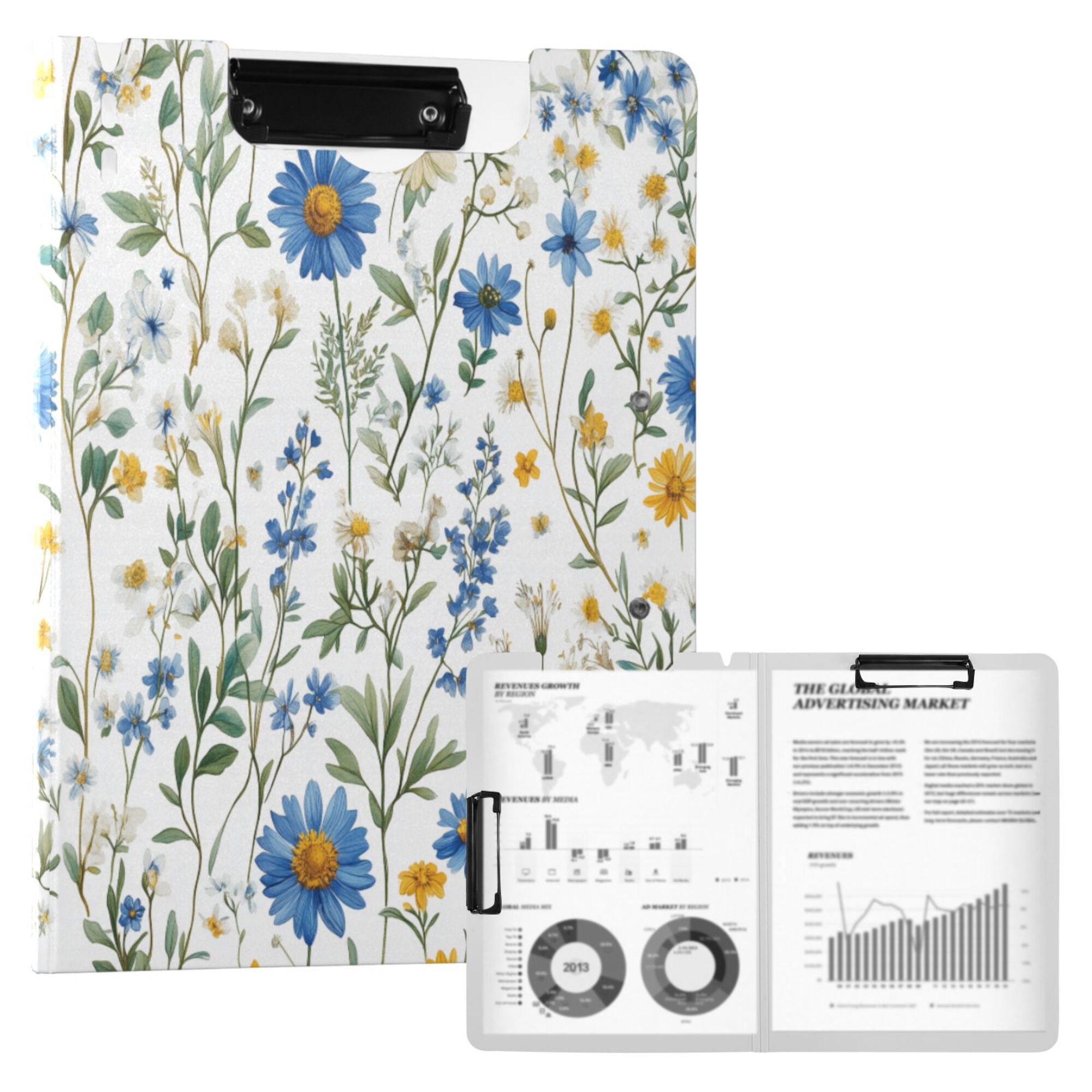 FORMRS A4 Clipboard Folder with Pen Holder Horizontal Foldable School Office Binder, Blue Floral