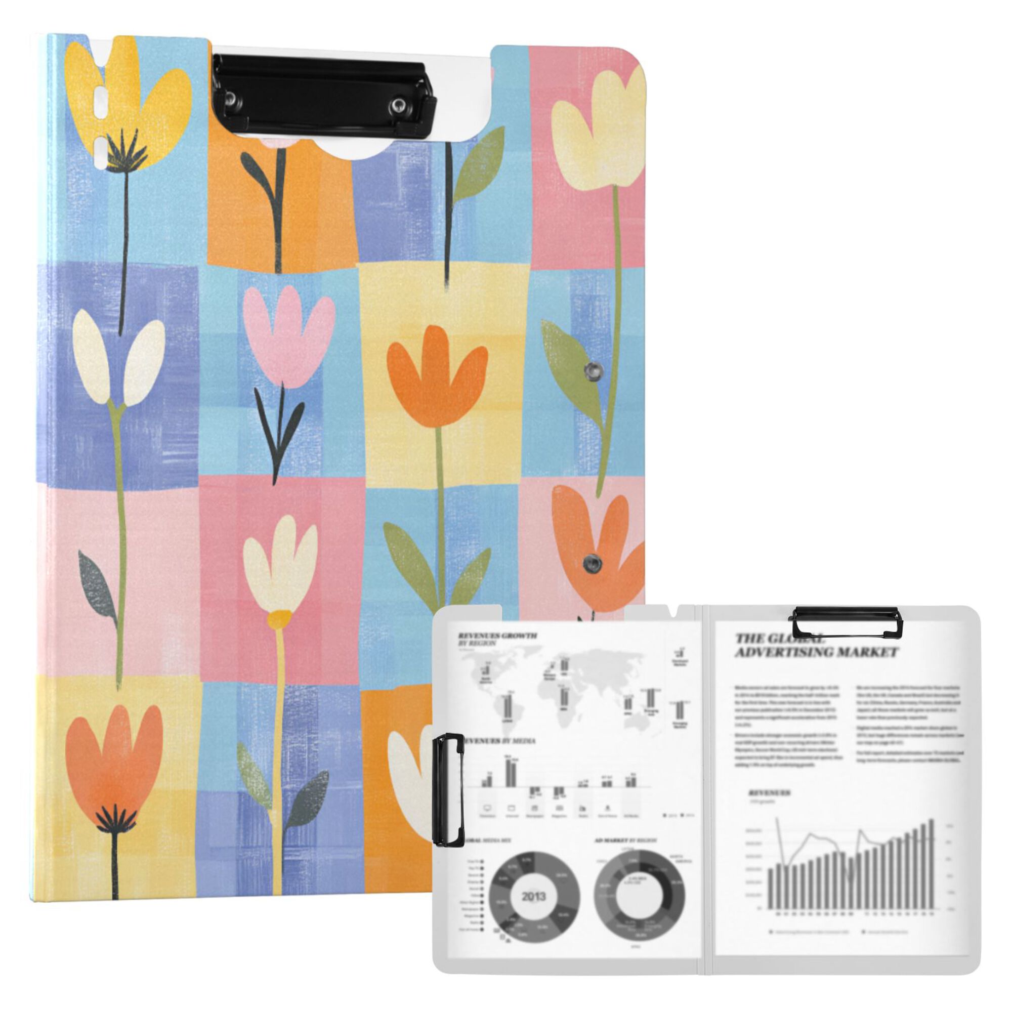 FORMRS A4 Clipboard Folder with Pen Holder Horizontal Foldable School Office Binder, Blue Flowers