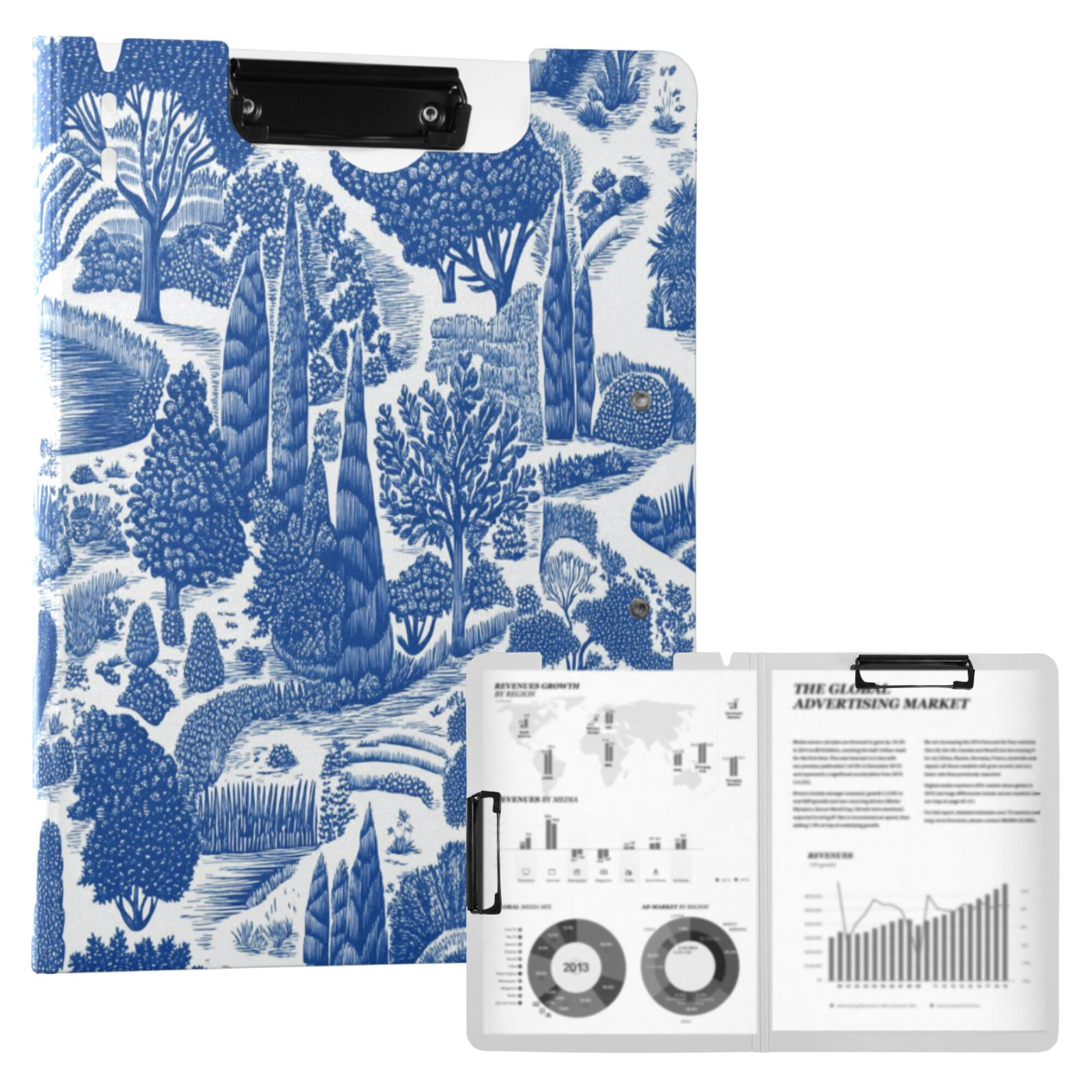 FORMRS A4 Clipboard Folder with Pen Holder Horizontal Foldable School Office Binder, Blue Garden Pattern