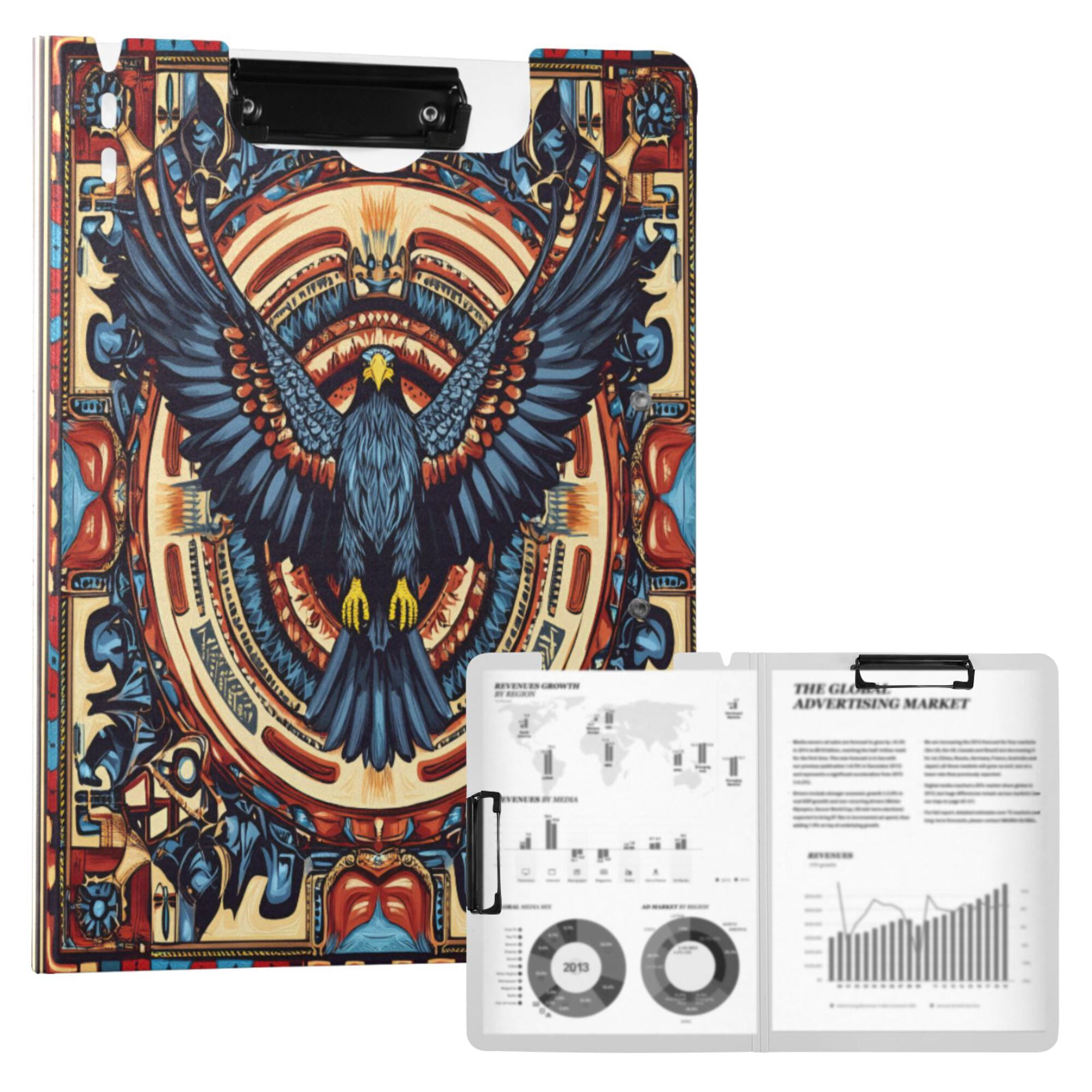 FORMRS A4 Clipboard Folder with Pen Holder Horizontal Foldable School Office Binder, Blue Geometric Eagle