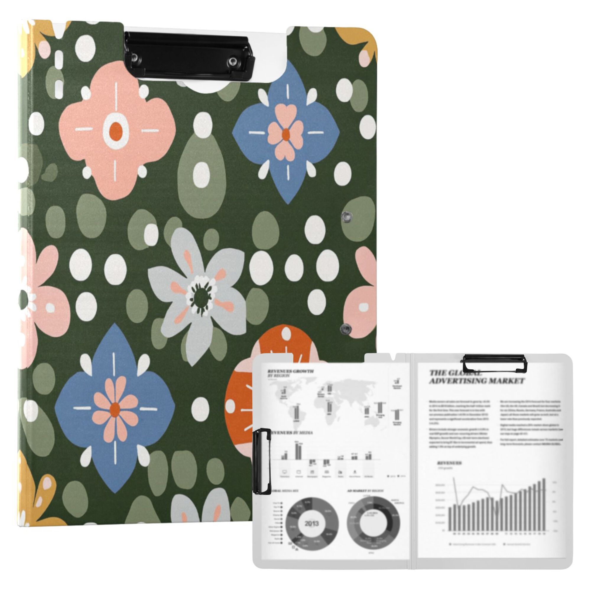 FORMRS A4 Clipboard Folder with Pen Holder Horizontal Foldable School Office Binder, Blue Geometric Flowers
