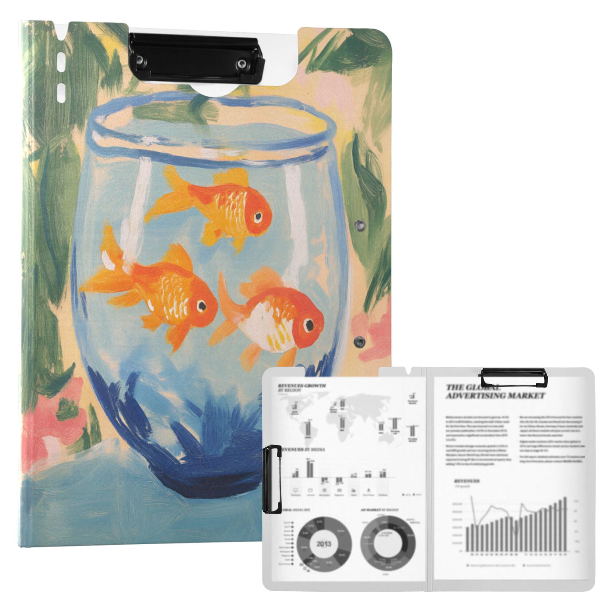 FORMRS A4 Clipboard Folder with Pen Holder Horizontal Foldable School Office Binder, Blue Goldfish Bowl
