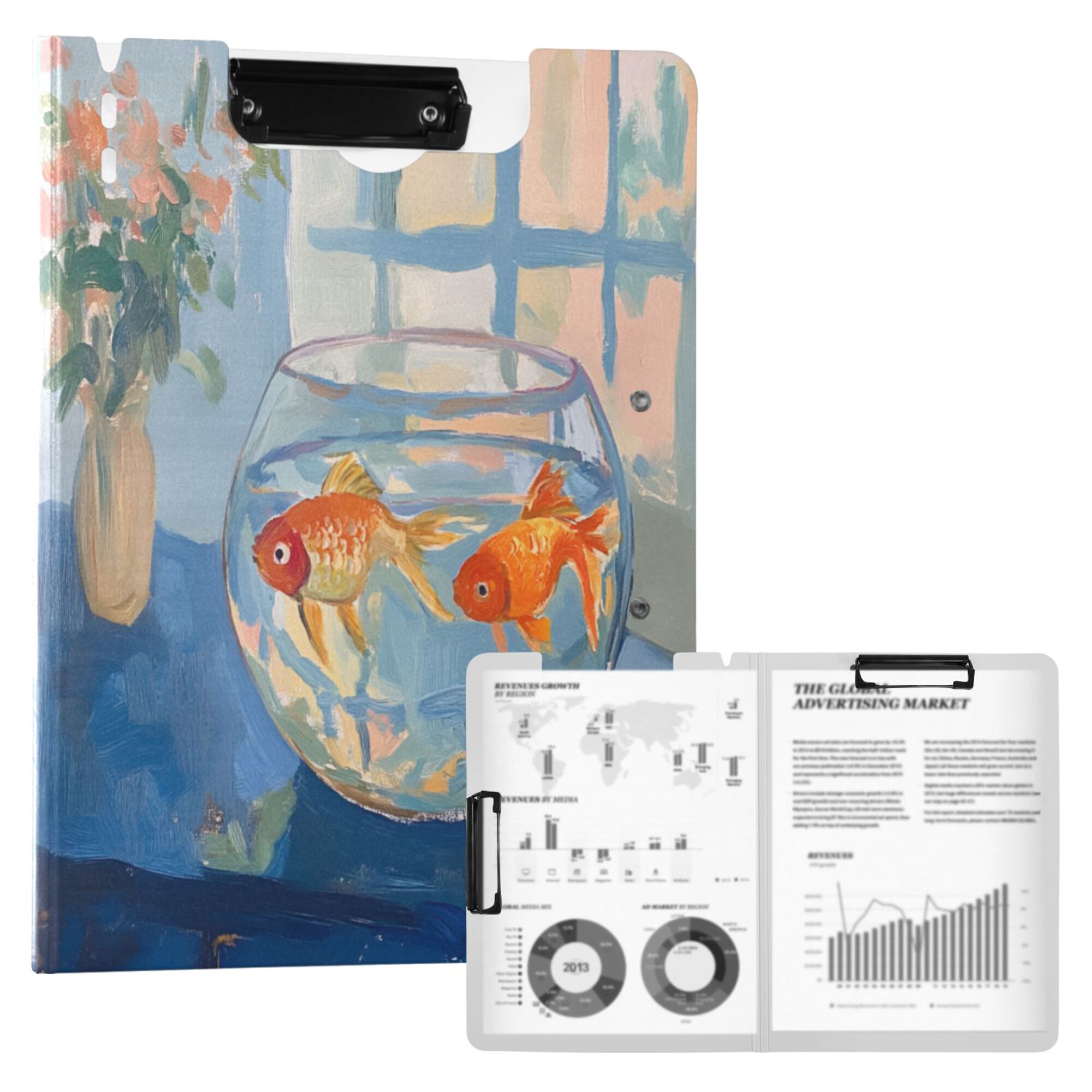 FORMRS A4 Clipboard Folder with Pen Holder Horizontal Foldable School Office Binder, Blue Goldfish