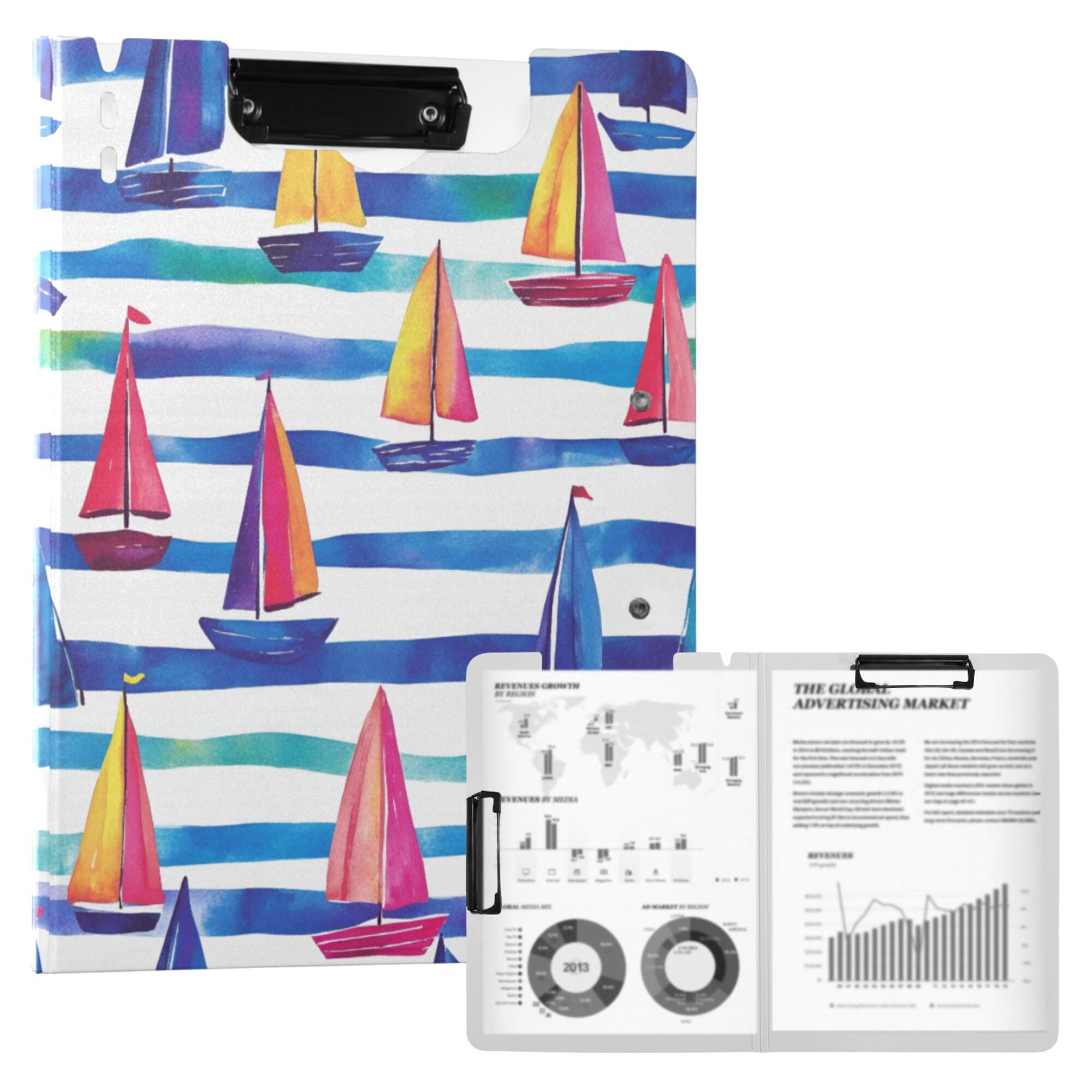 FORMRS A4 Clipboard Folder with Pen Holder Horizontal Foldable School Office Binder, Blue Hand Drawn Sailboats