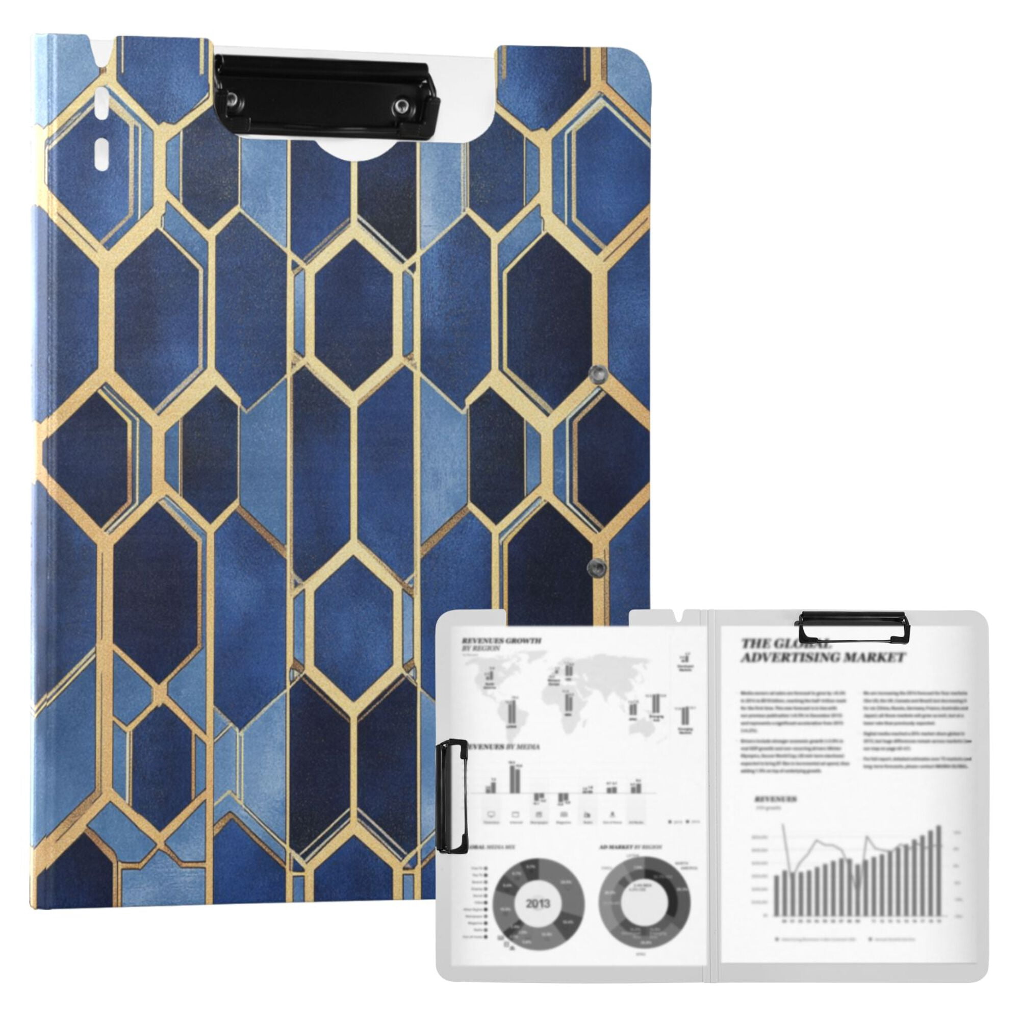 FORMRS A4 Clipboard Folder with Pen Holder Horizontal Foldable School Office Binder, Blue Hexagon Pattern