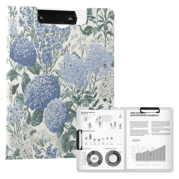 FORMRS A4 Clipboard Folder with Pen Holder Horizontal Foldable School Office Binder, Blue Hydrangeas Pattern