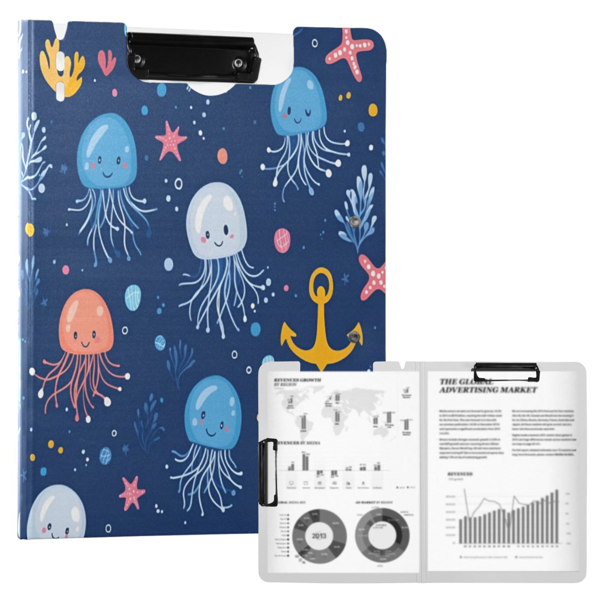 FORMRS A4 Clipboard Folder with Pen Holder Horizontal Foldable School Office Binder, Blue Jellyfish