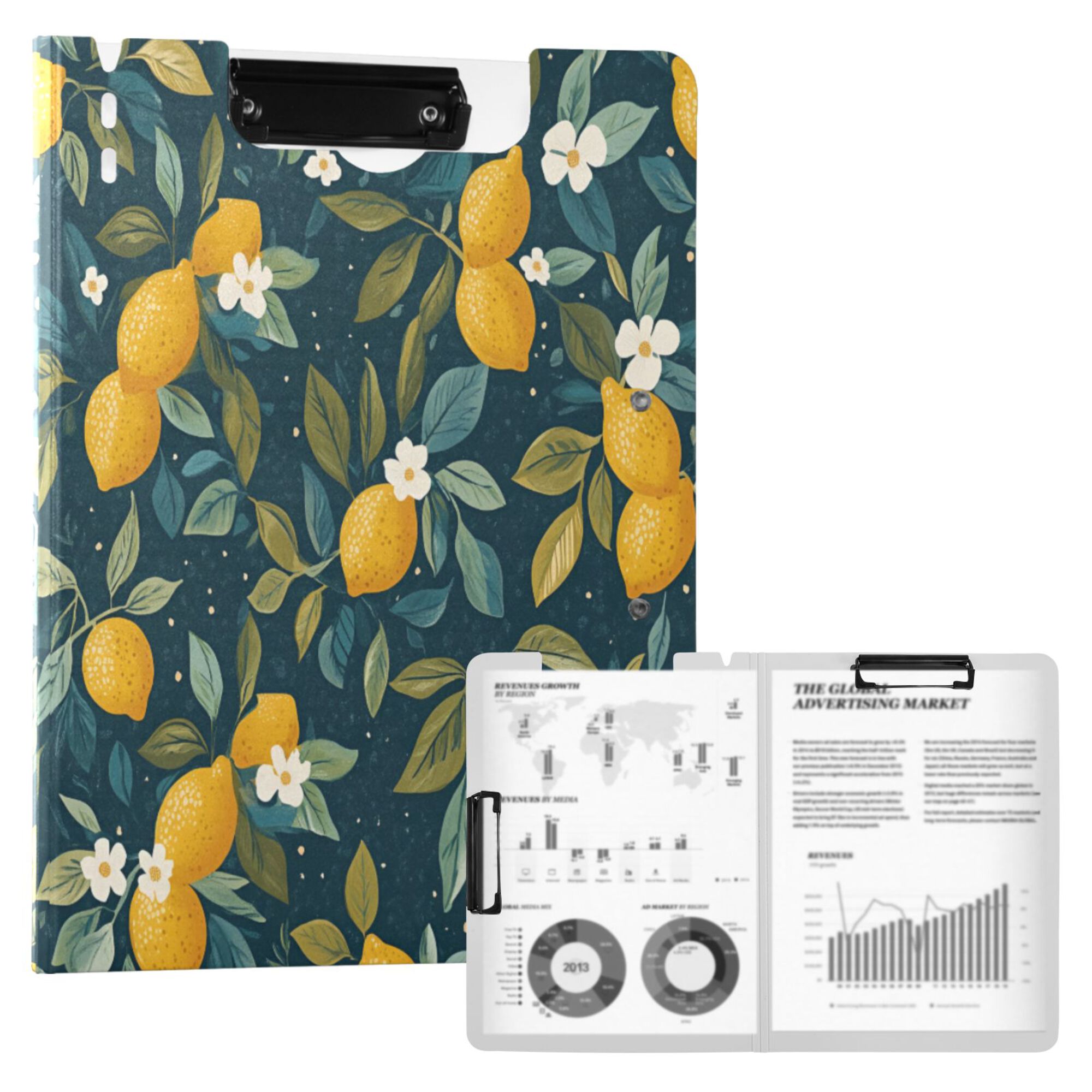FORMRS A4 Clipboard Folder with Pen Holder Horizontal Foldable School Office Binder, Blue Lemons