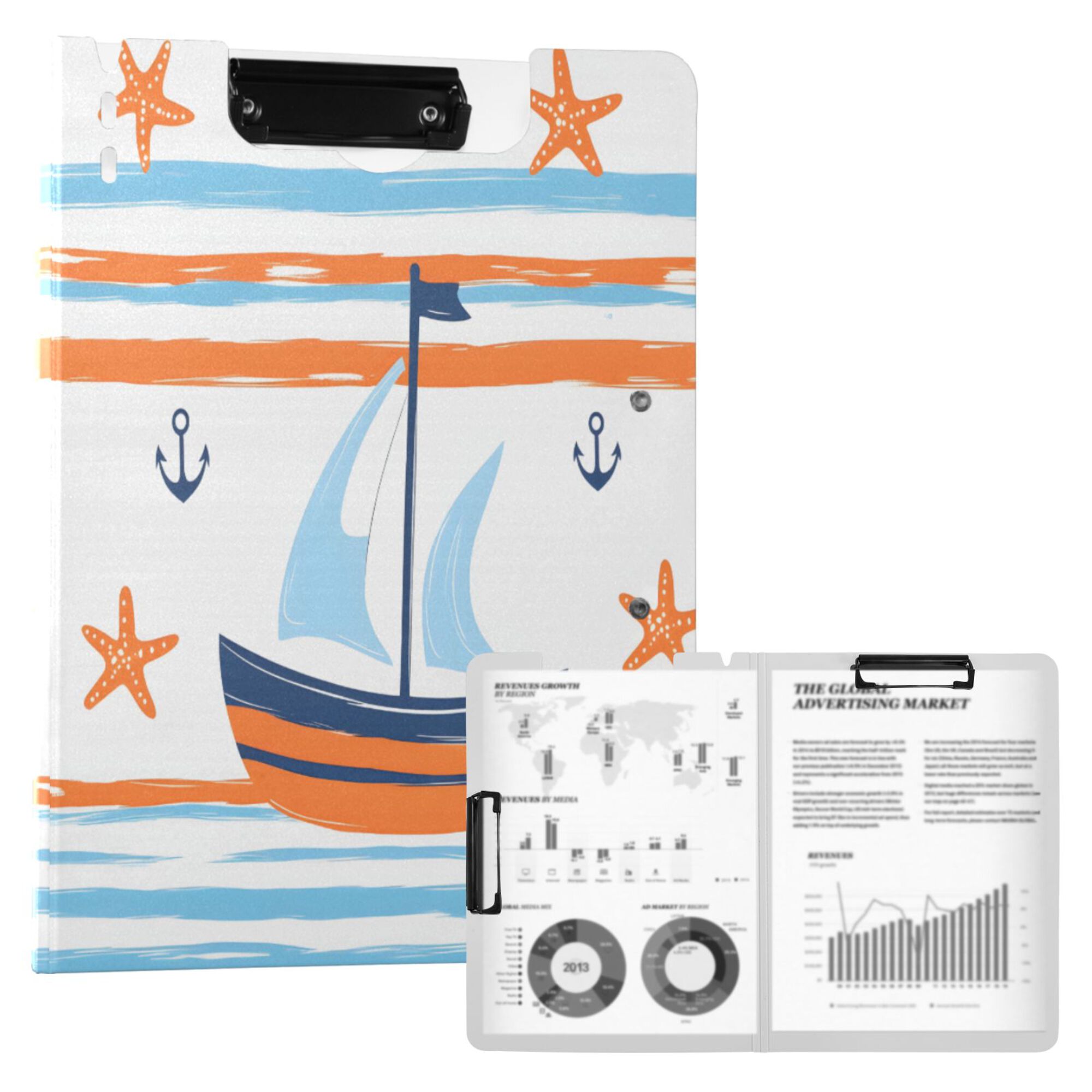 FORMRS A4 Clipboard Folder with Pen Holder Horizontal Foldable School Office Binder, Blue Nautical Pattern