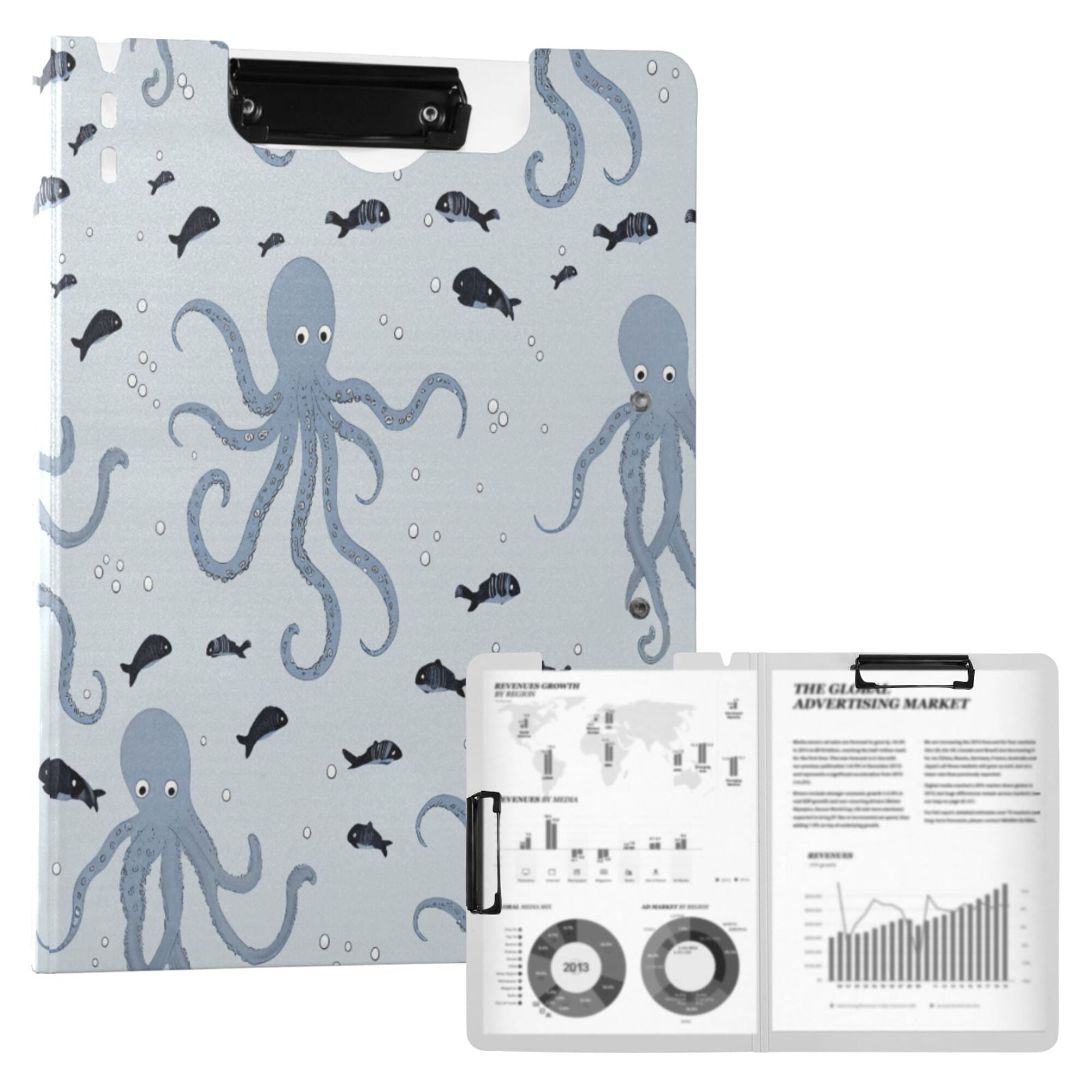 FORMRS A4 Clipboard Folder with Pen Holder Horizontal Foldable School Office Binder, Blue Octopus Pattern