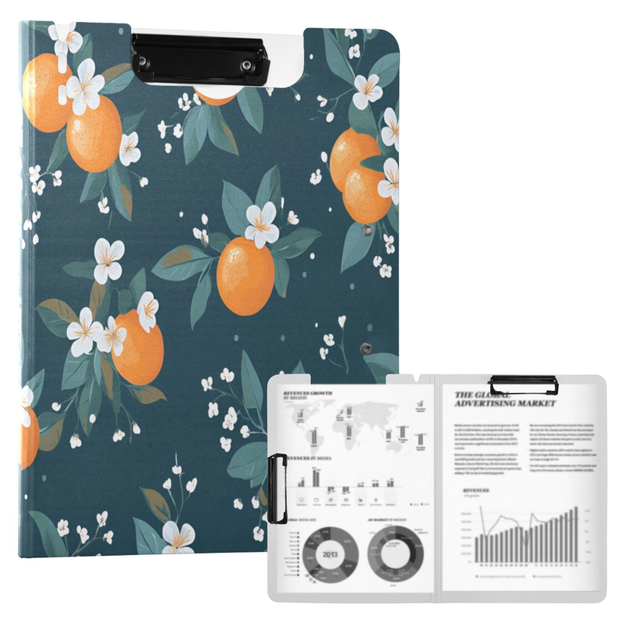FORMRS A4 Clipboard Folder with Pen Holder Horizontal Foldable School Office Binder, Blue Oranges
