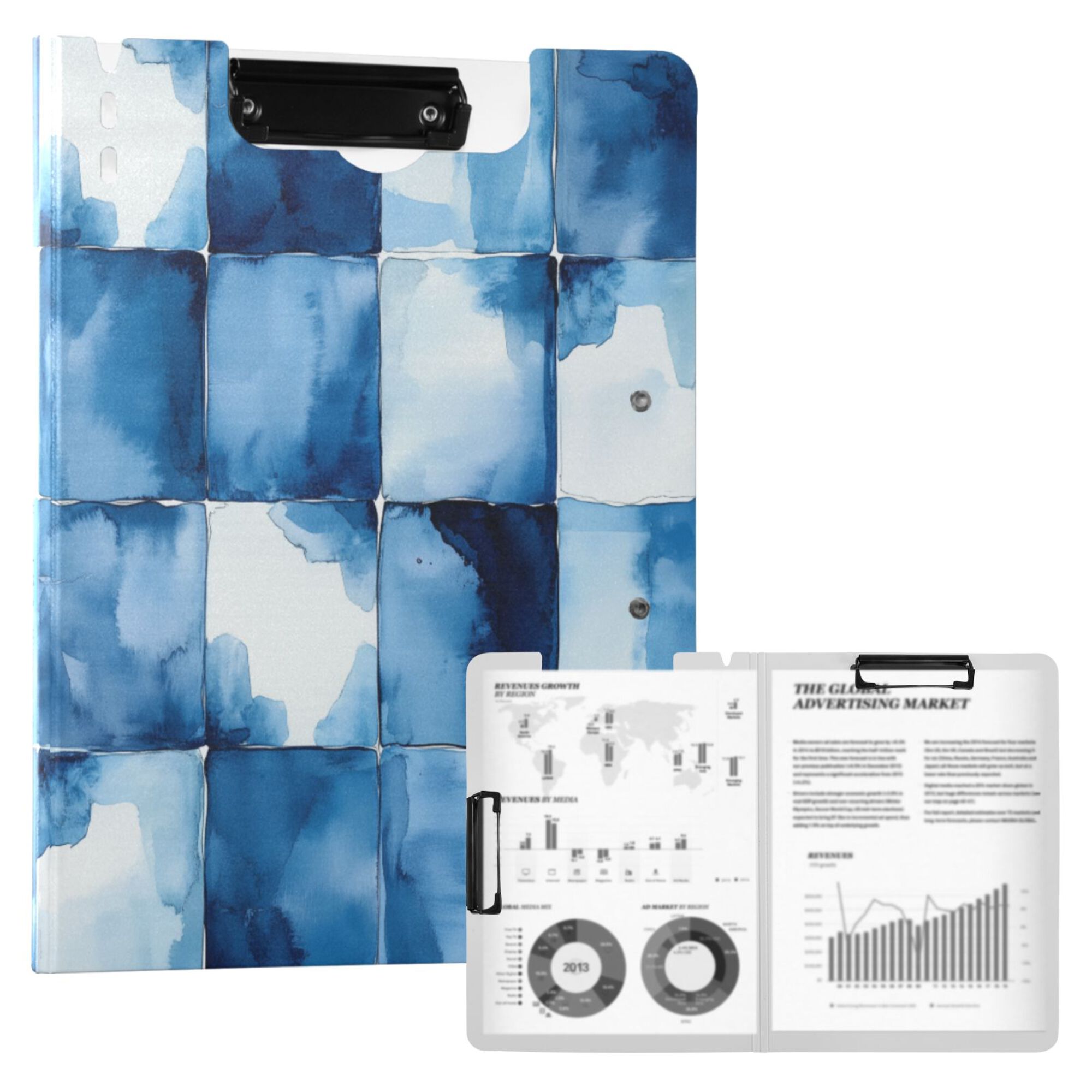 FORMRS A4 Clipboard Folder with Pen Holder Horizontal Foldable School Office Binder, Blue Pattern