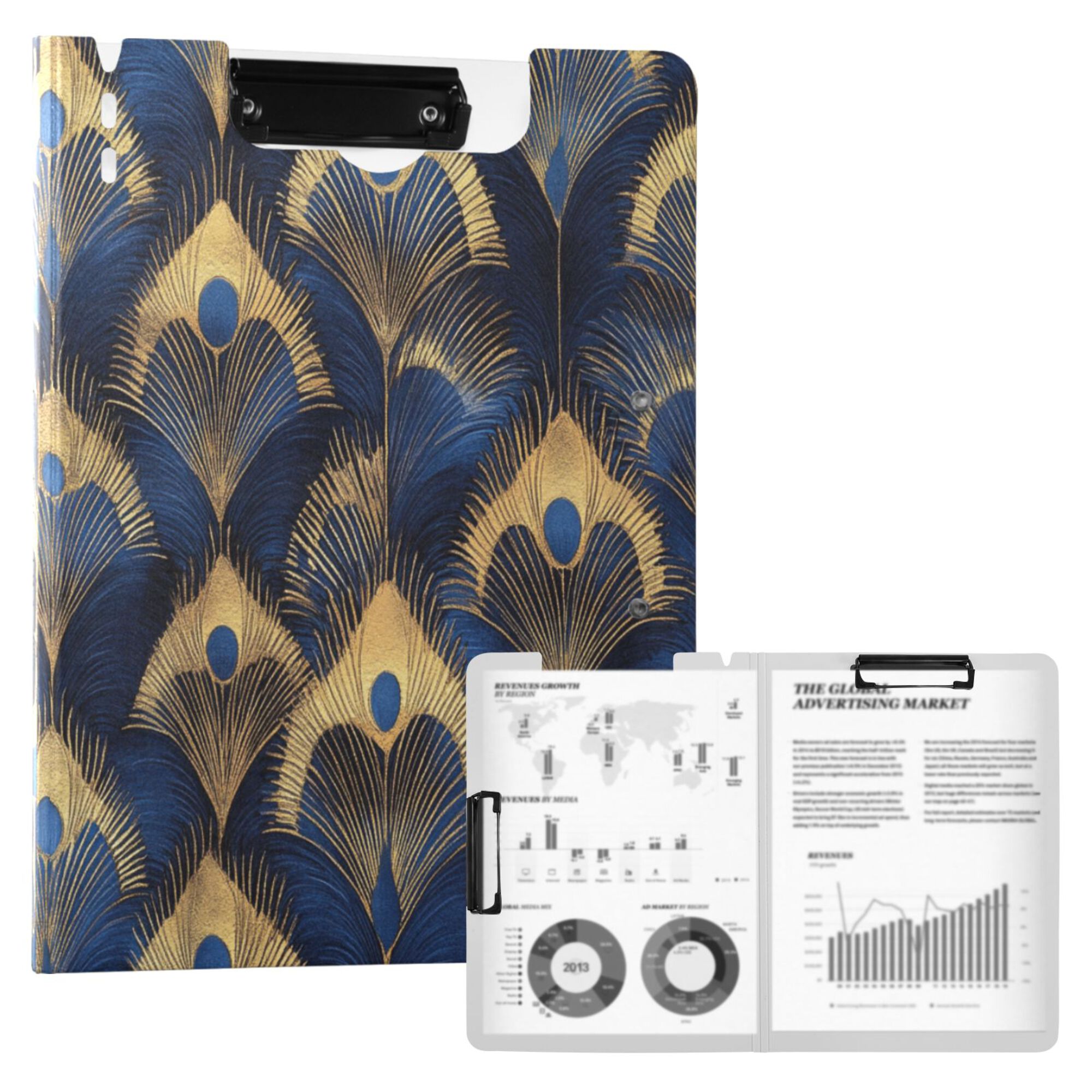 FORMRS A4 Clipboard Folder with Pen Holder Horizontal Foldable School Office Binder, Blue Peacock Feathers Pattern