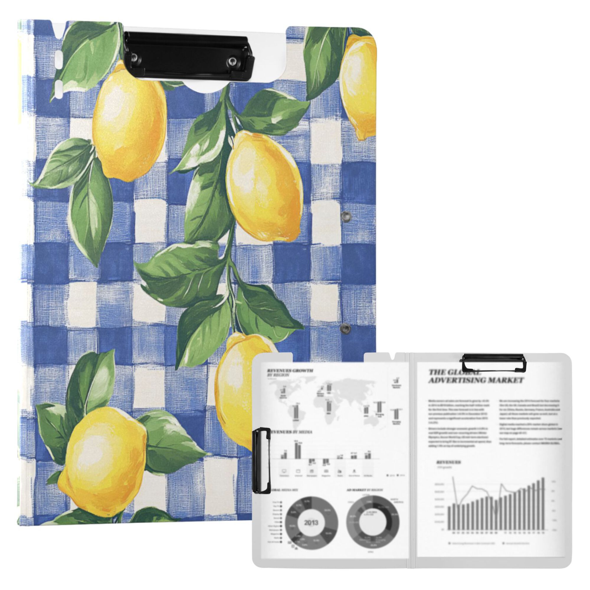 FORMRS A4 Clipboard Folder with Pen Holder Horizontal Foldable School Office Binder, Blue Plaid Lemon