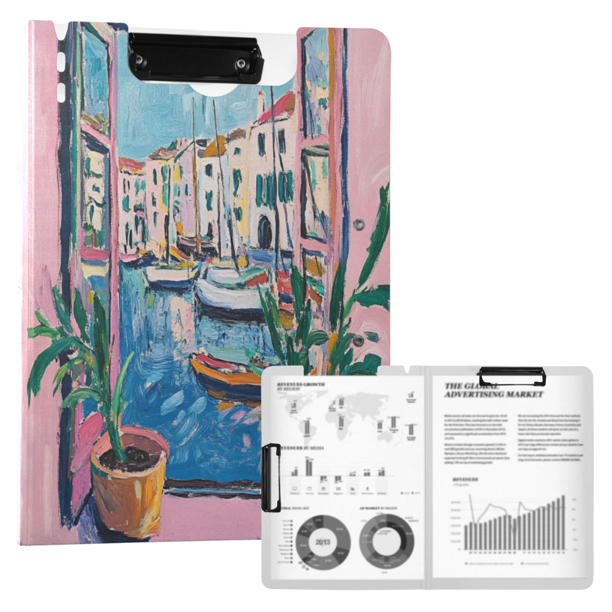 FORMRS A4 Clipboard Folder with Pen Holder Horizontal Foldable School Office Binder, Blue Plants Window