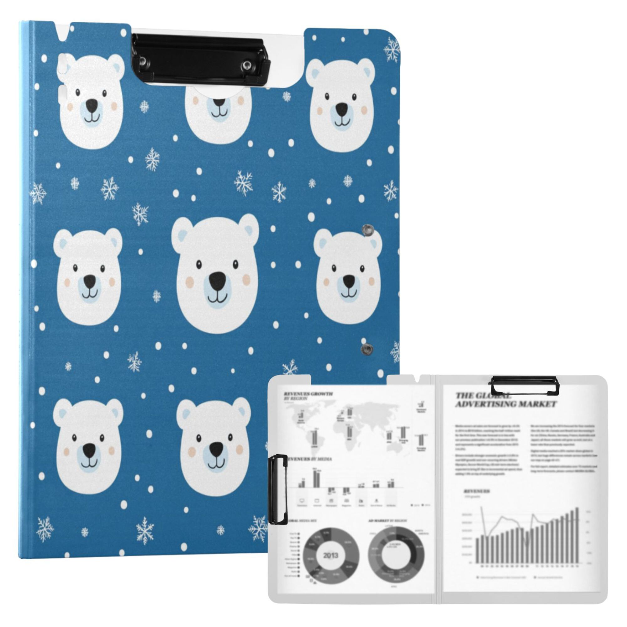 FORMRS A4 Clipboard Folder with Pen Holder Horizontal Foldable School Office Binder, Blue Polar Bear