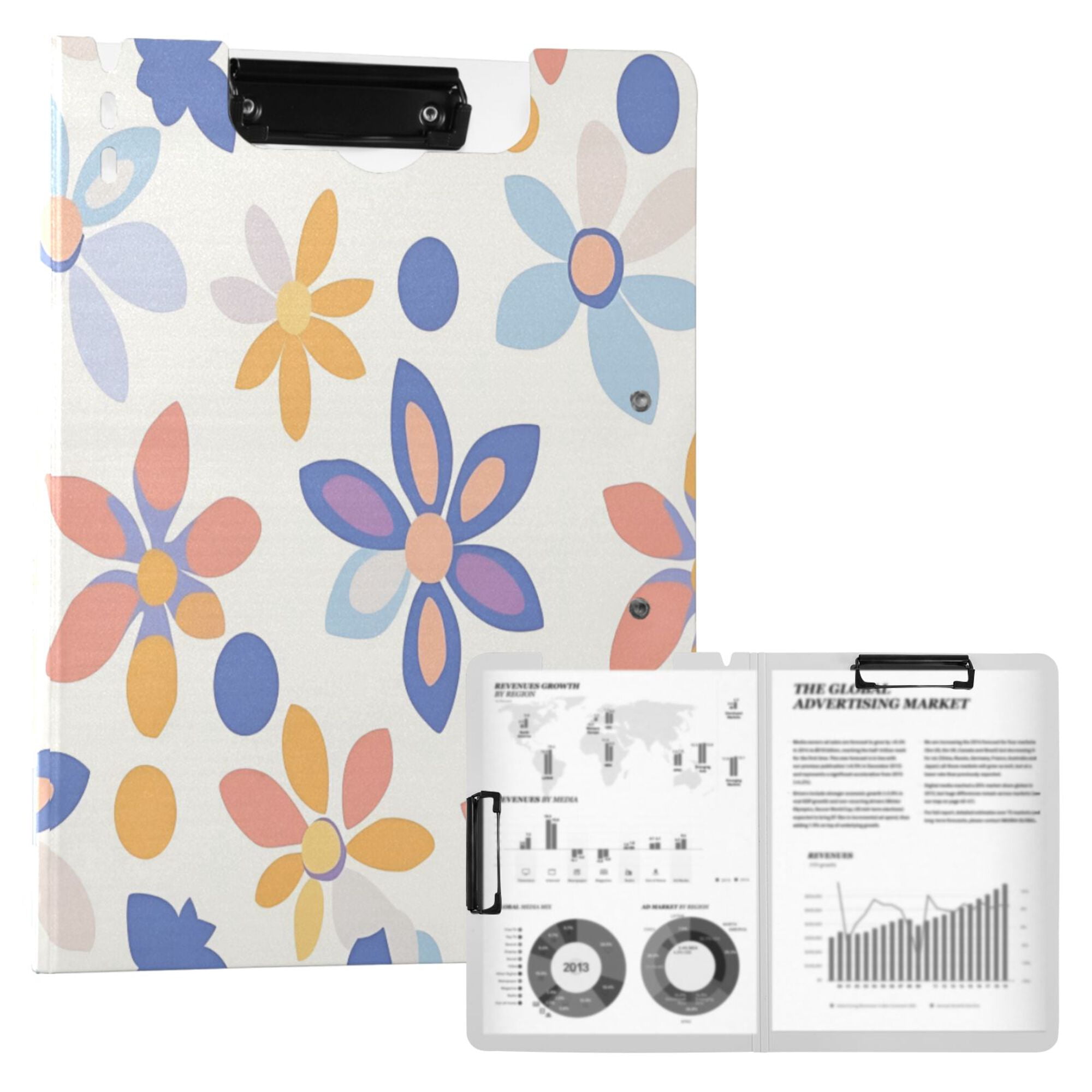 FORMRS A4 Clipboard Folder with Pen Holder Horizontal Foldable School Office Binder, Blue Retro Flower