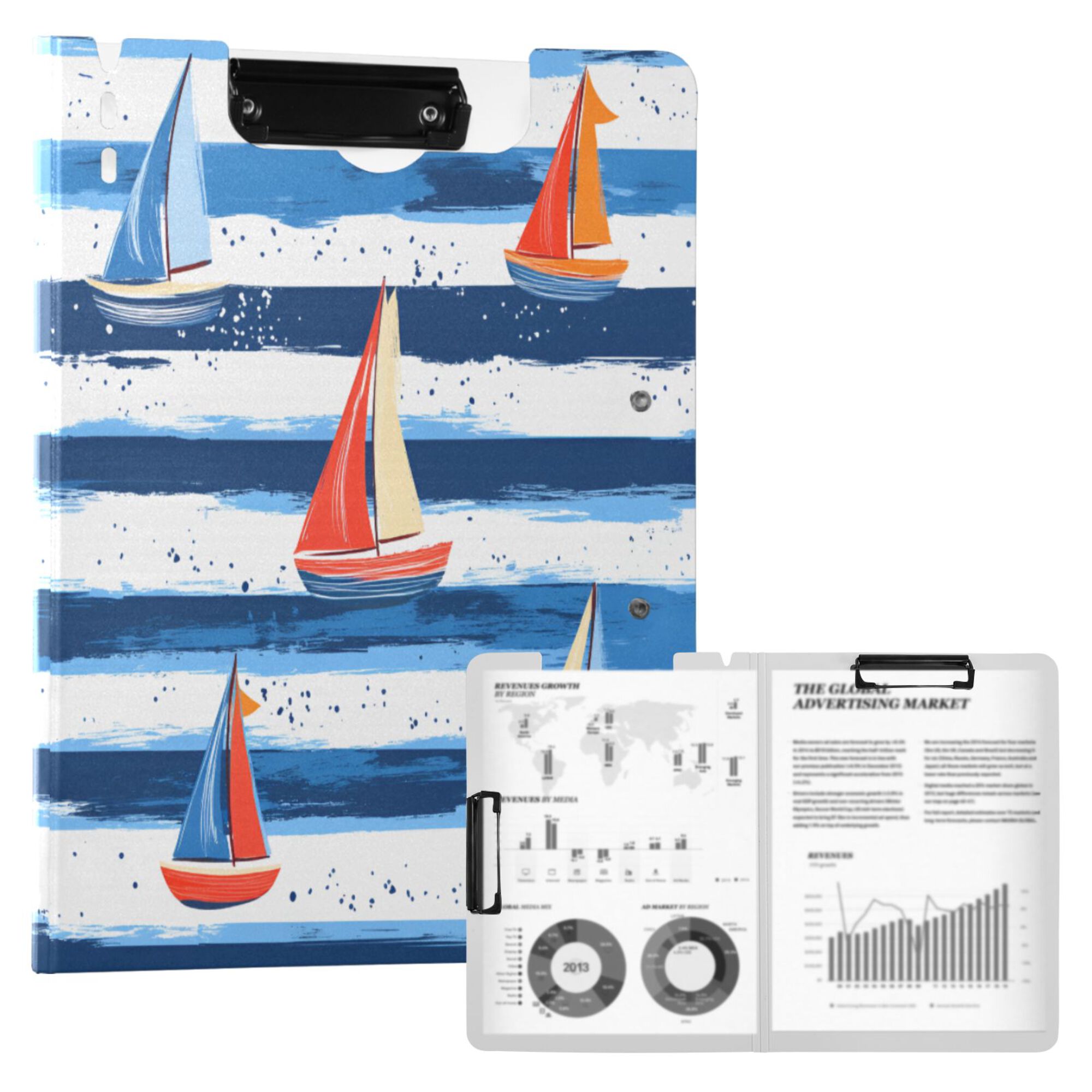 FORMRS A4 Clipboard Folder with Pen Holder Horizontal Foldable School Office Binder, Blue Sailboats