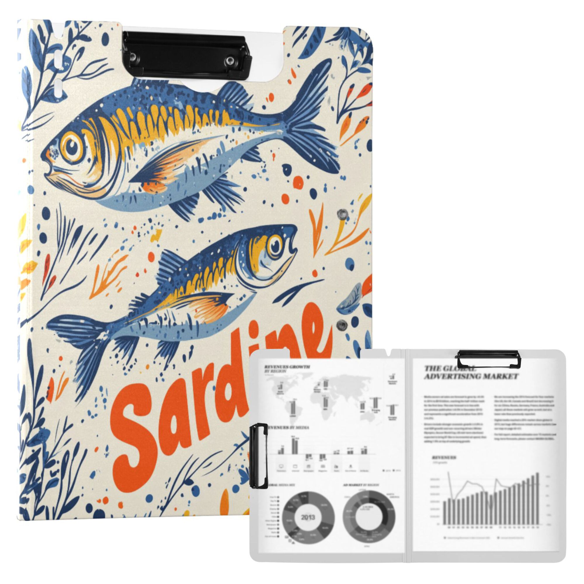 FORMRS A4 Clipboard Folder with Pen Holder Horizontal Foldable School Office Binder, Blue Sardines Pattern