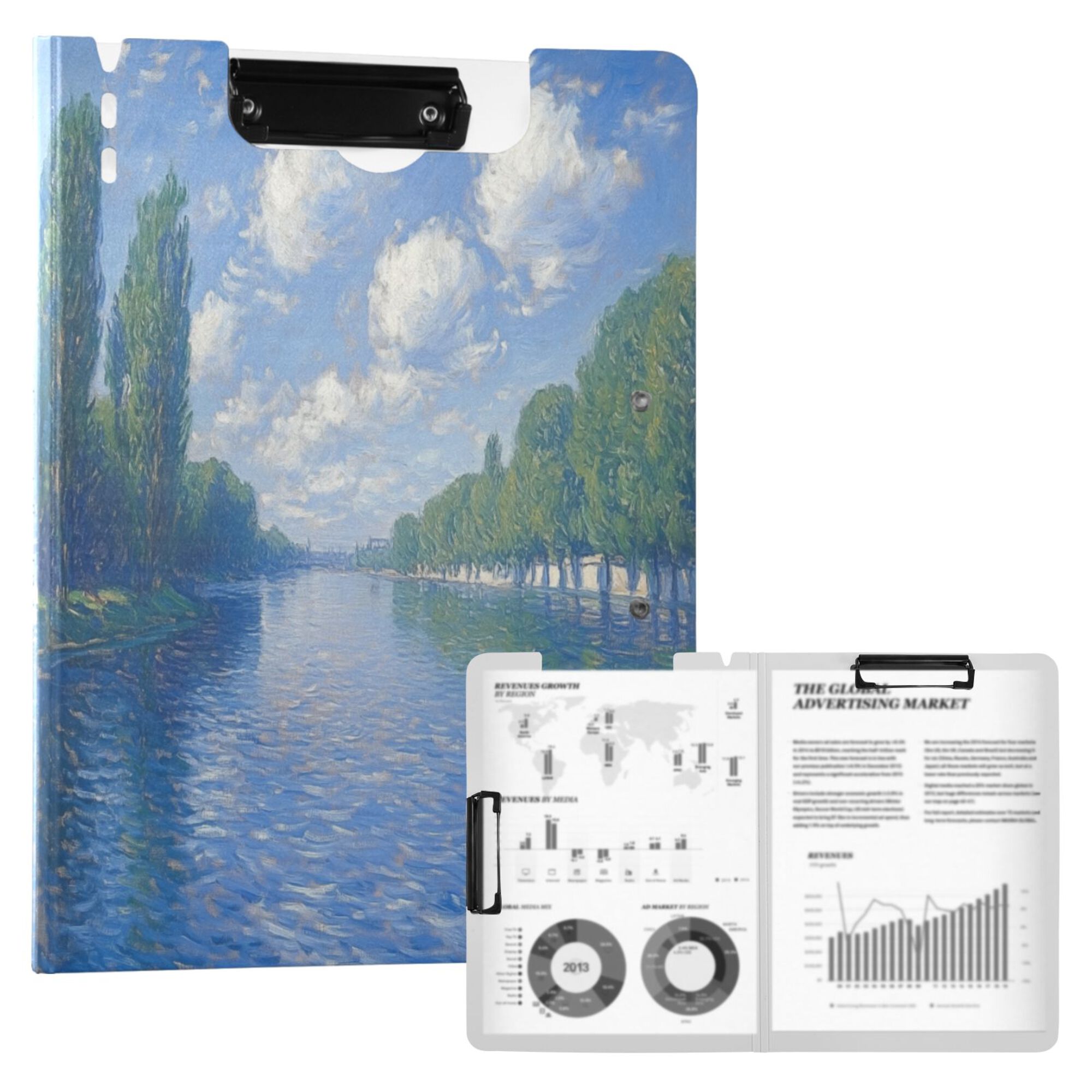 FORMRS A4 Clipboard Folder with Pen Holder Horizontal Foldable School Office Binder, Blue Sky and River