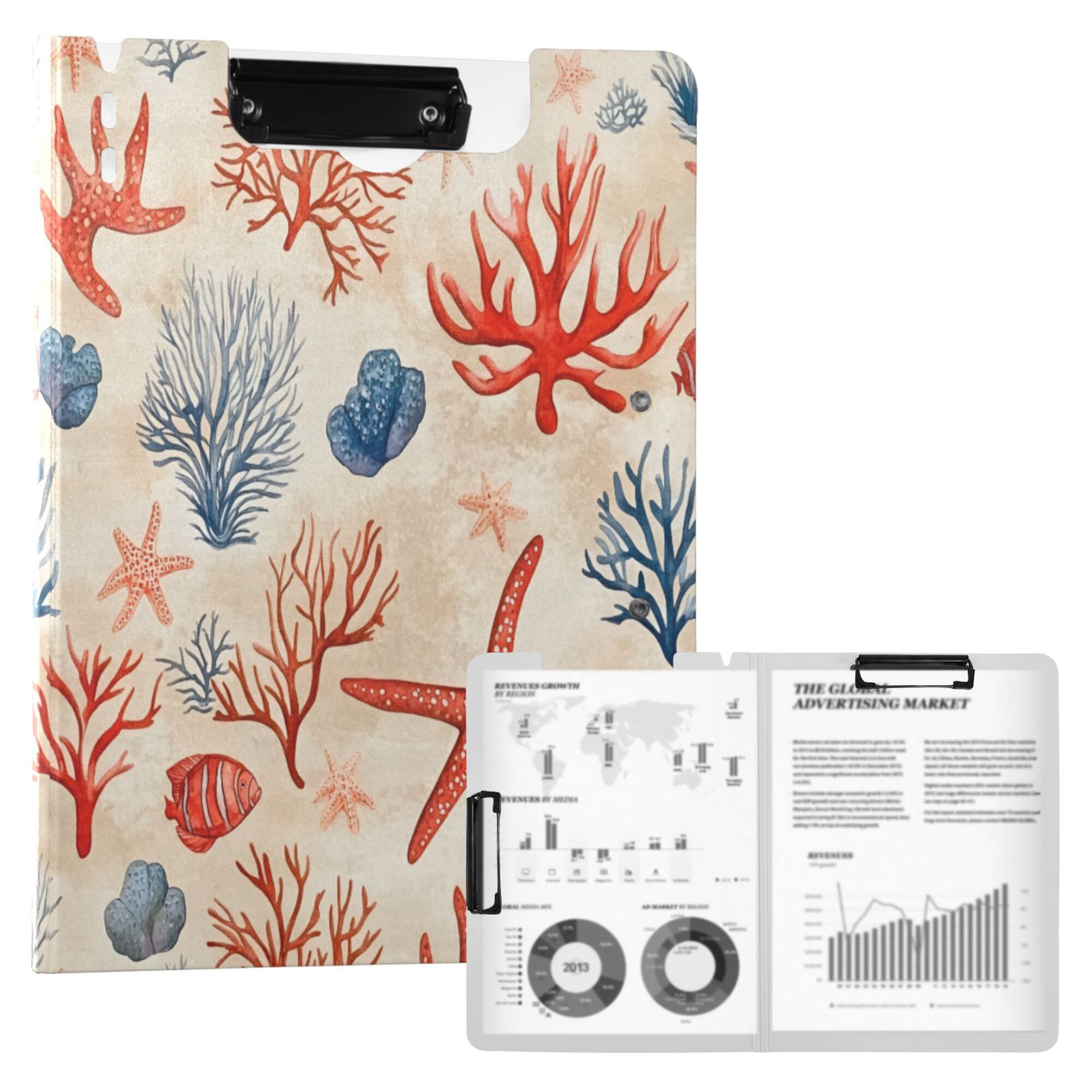 FORMRS A4 Clipboard Folder with Pen Holder Horizontal Foldable School Office Binder, Blue Starfish