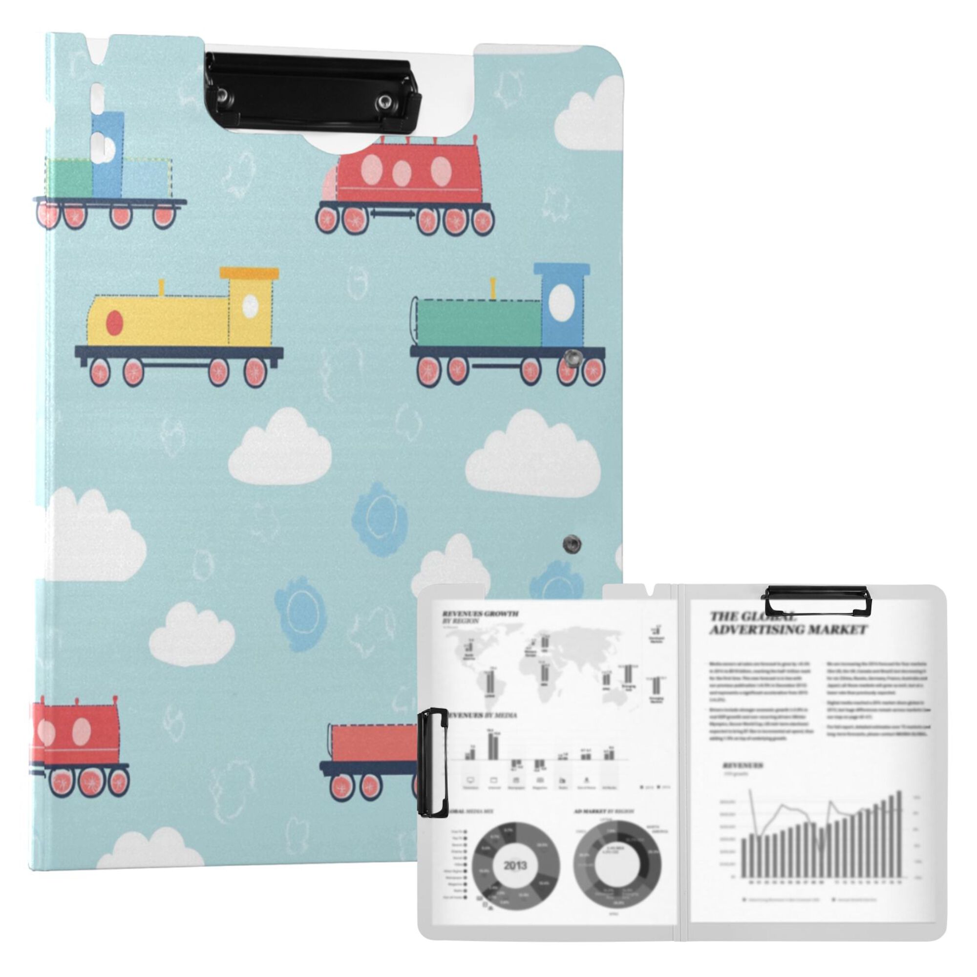 FORMRS A4 Clipboard Folder with Pen Holder Horizontal Foldable School Office Binder, Blue Trains Pattern