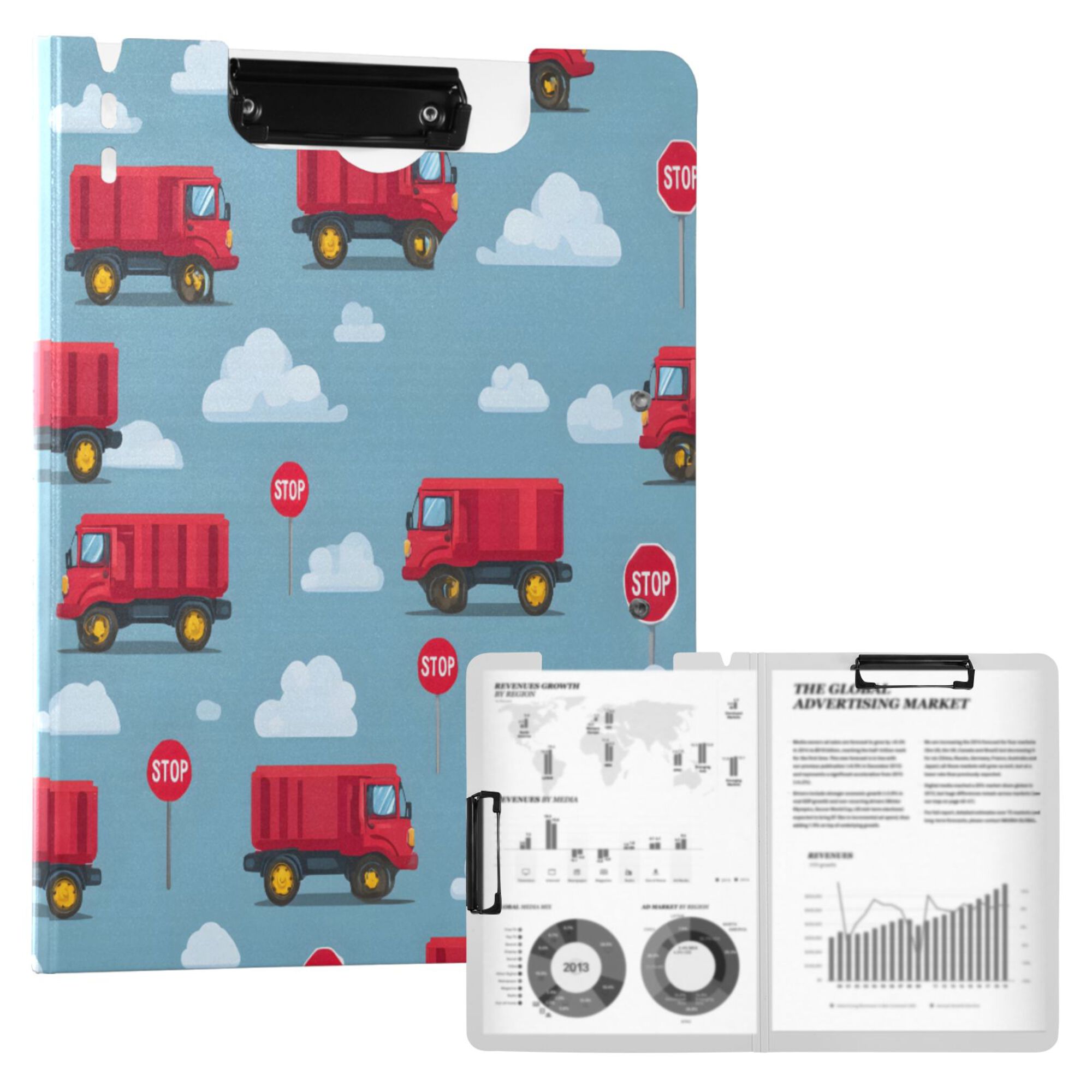 FORMRS A4 Clipboard Folder with Pen Holder Horizontal Foldable School Office Binder, Blue Truck Pattern