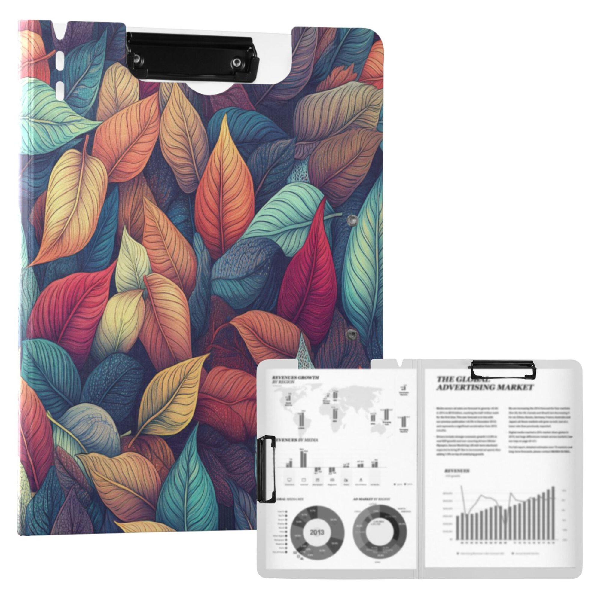 FORMRS A4 Clipboard Folder with Pen Holder Horizontal Foldable School Office Binder, Blue Vibrant Leaves Pattern