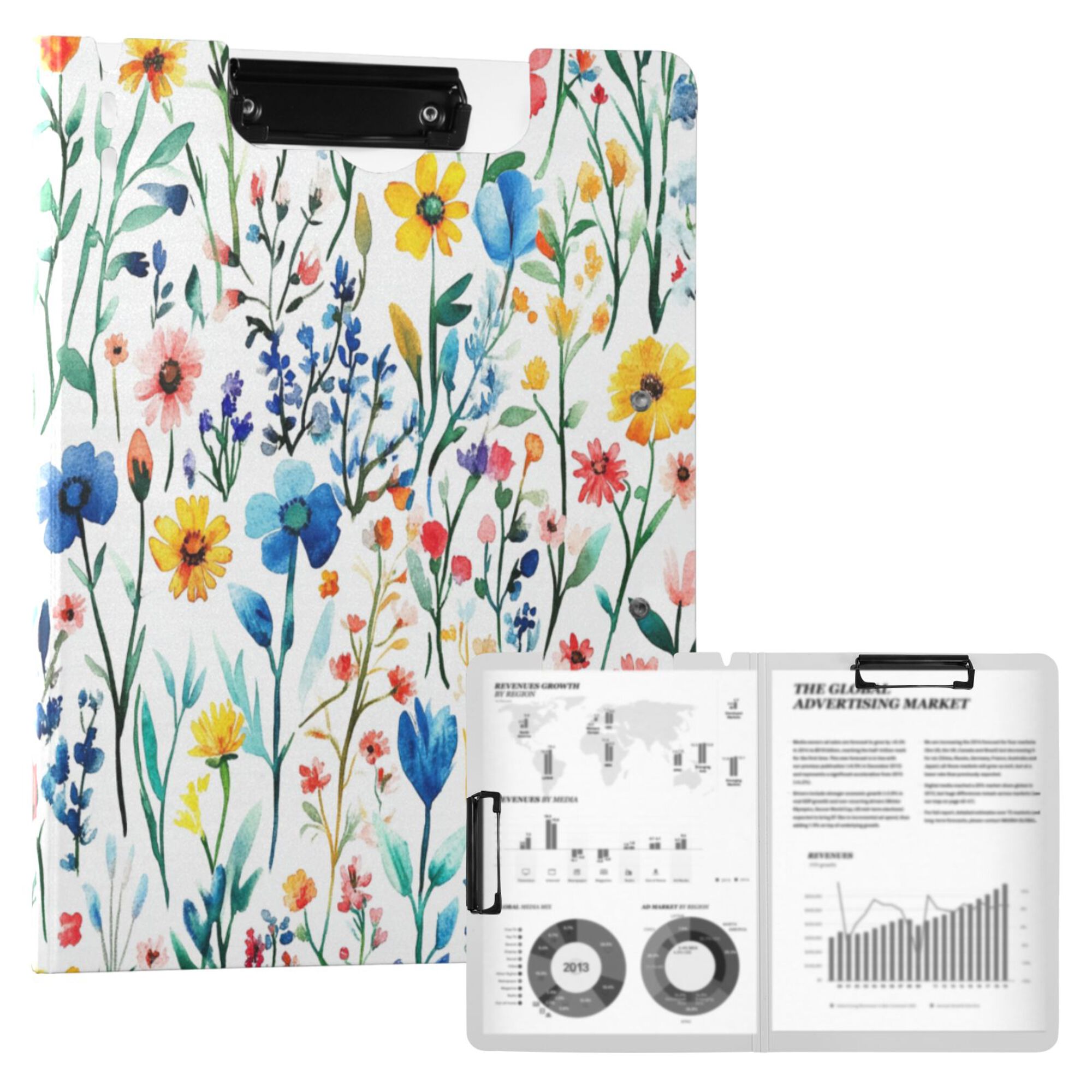 FORMRS A4 Clipboard Folder with Pen Holder Horizontal Foldable School Office Binder, Blue Wildflower Pattern